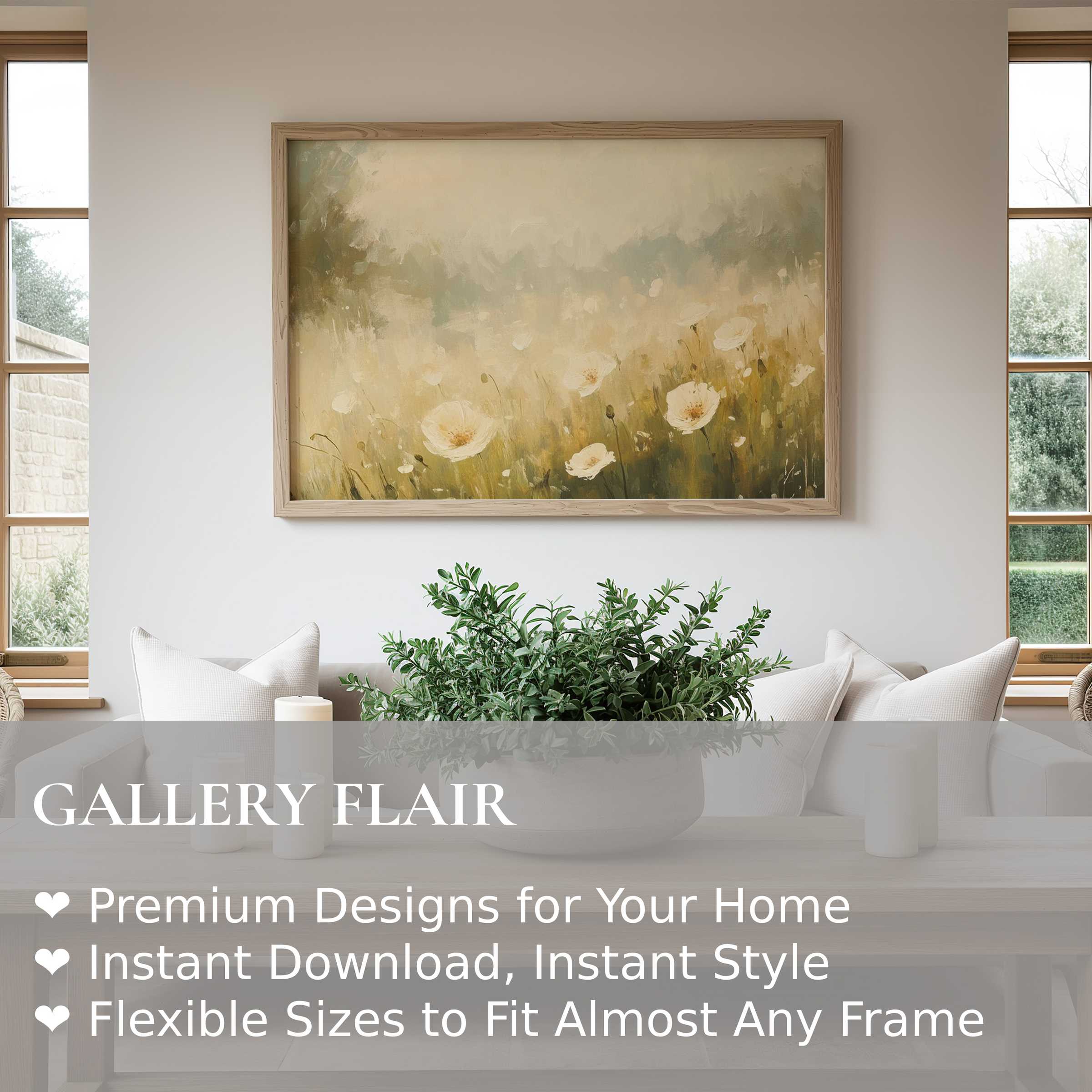 Soft, calming spring wall art print with delicate white blooms in a serene, modern living space enhances natural tranquility