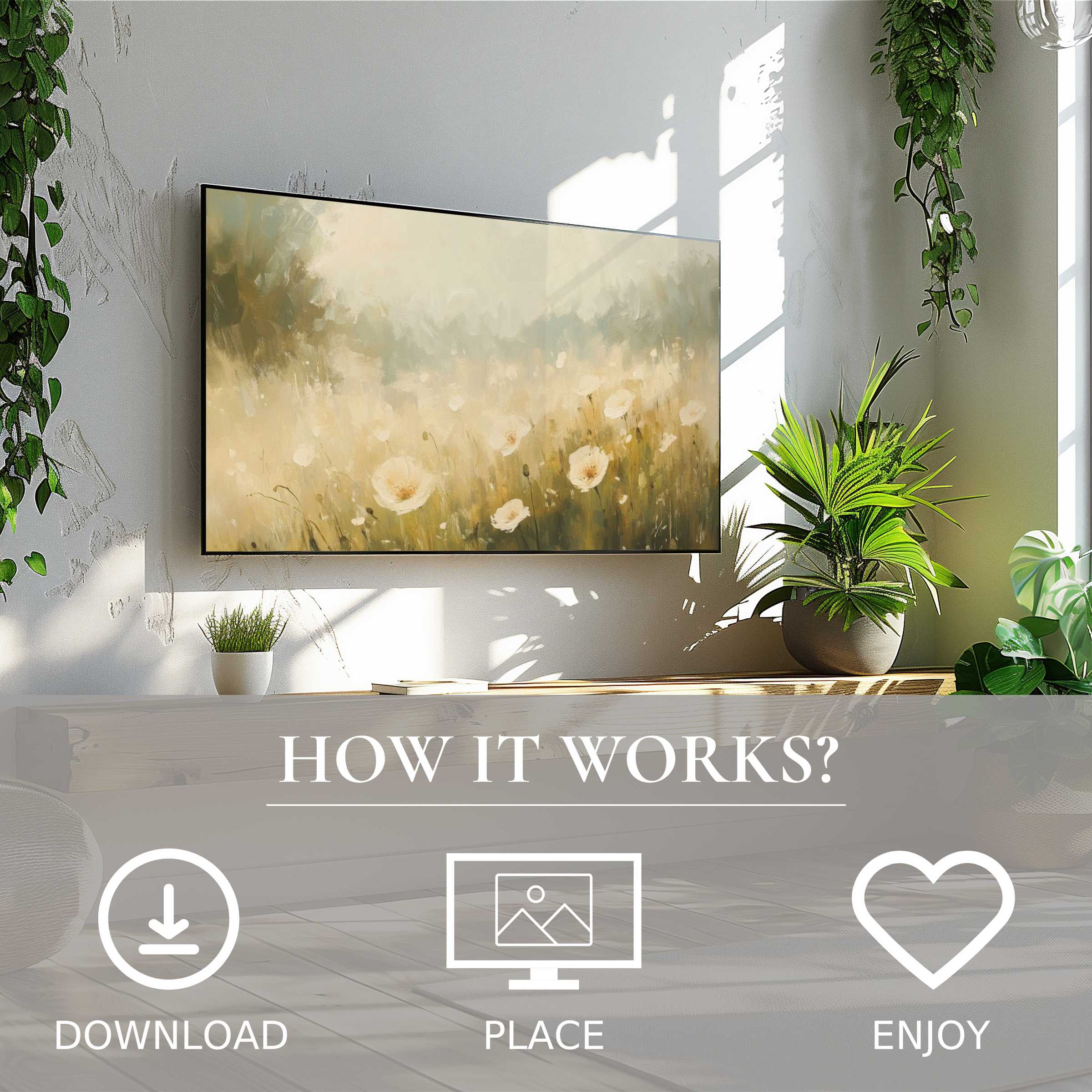spring art for Samsung TV shows soft floral tones in a bright room with easy digital download enriching modern decor
