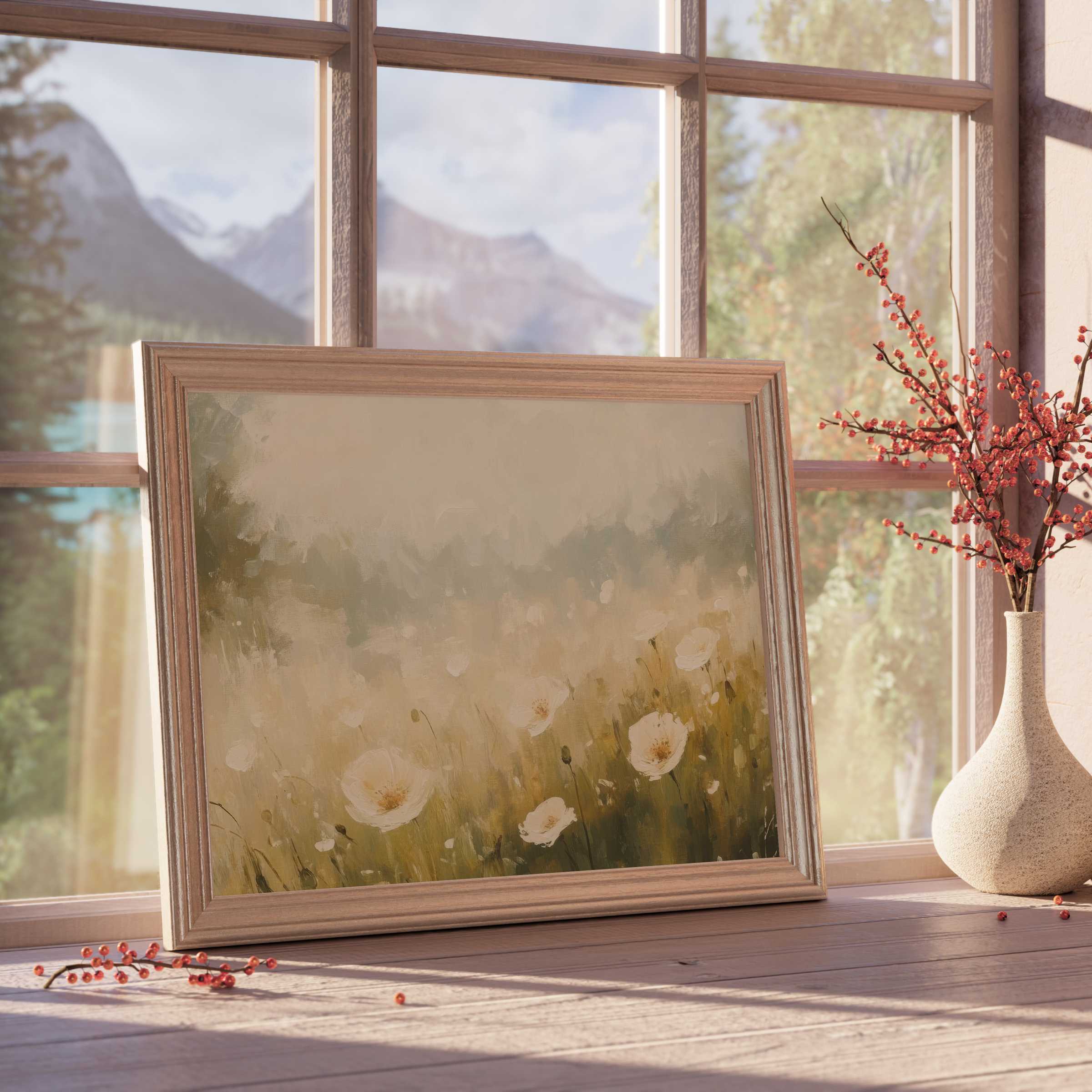 Elegant spring downloadable art capturing soft white blooms in a tranquil meadow, infusing curated interiors with warm, serene vibes