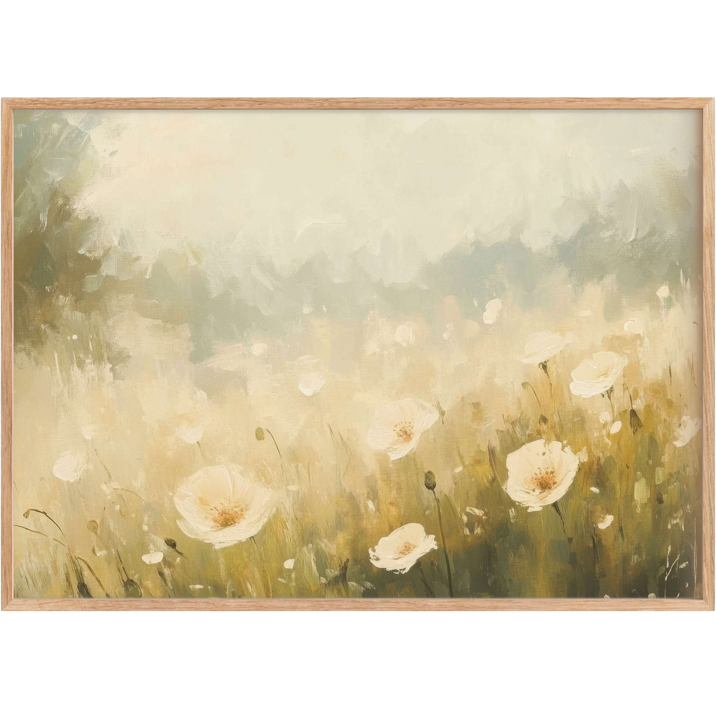 Softly glowing spring printable wall art, with creamy white blooms and gentle greens, evokes a serene, sunlit meadow mood