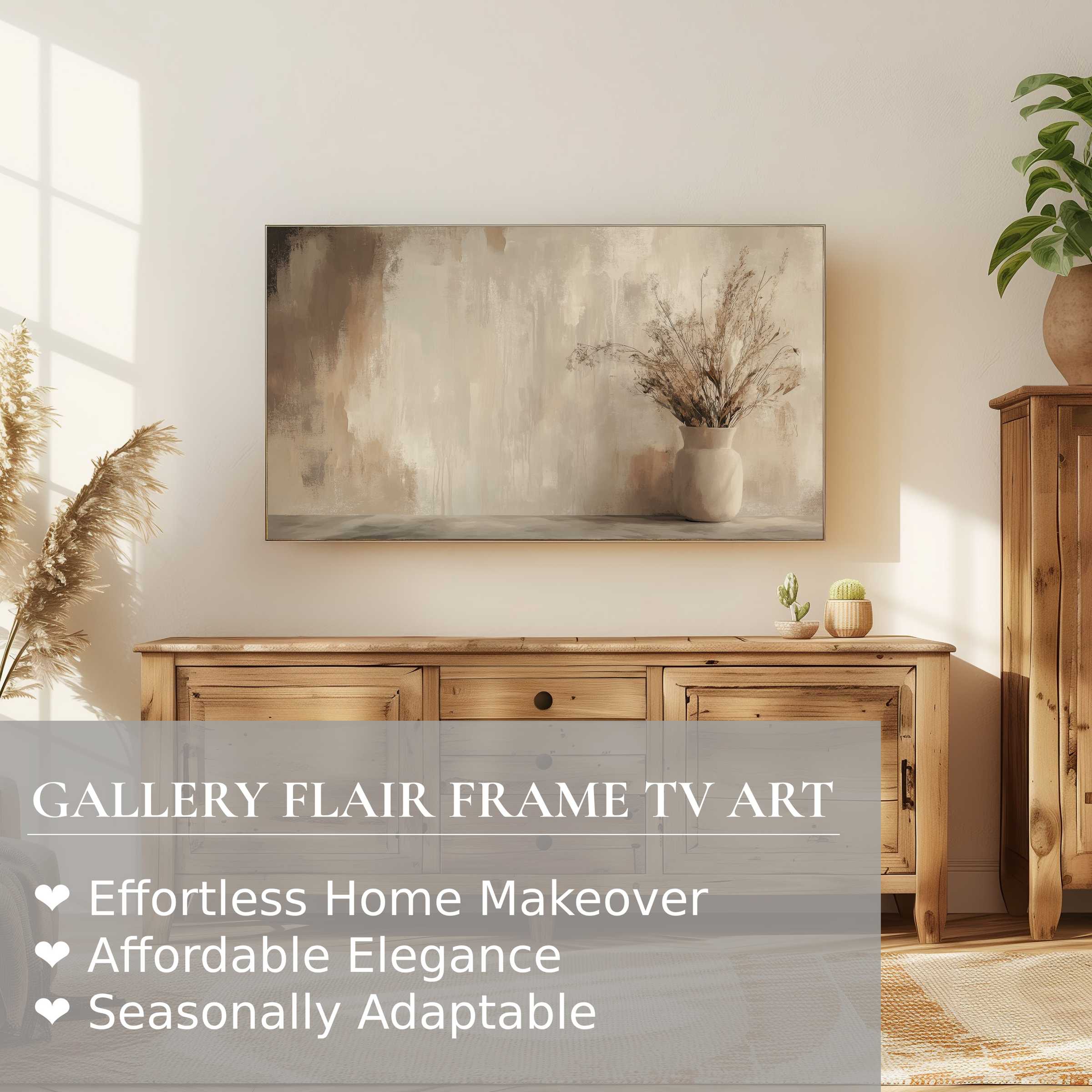 Samsung Frame TV displays subtle, elegant boho digital artwork in a warm, natural wood and sunlit modern interior