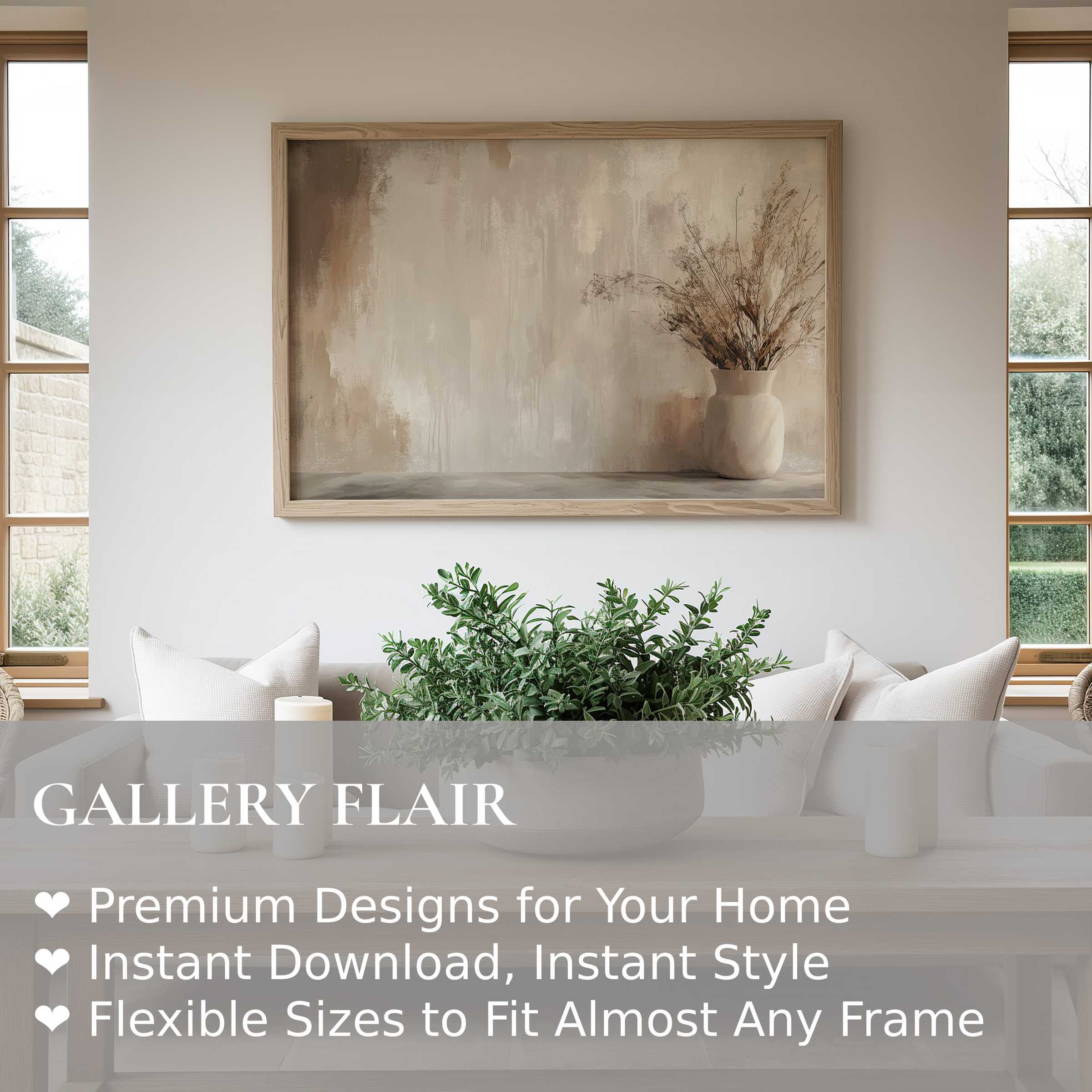 Boho wall art print featuring elegant dried florals in muted earth tones, enhancing serene modern rustic interiors with calming, organic warmth