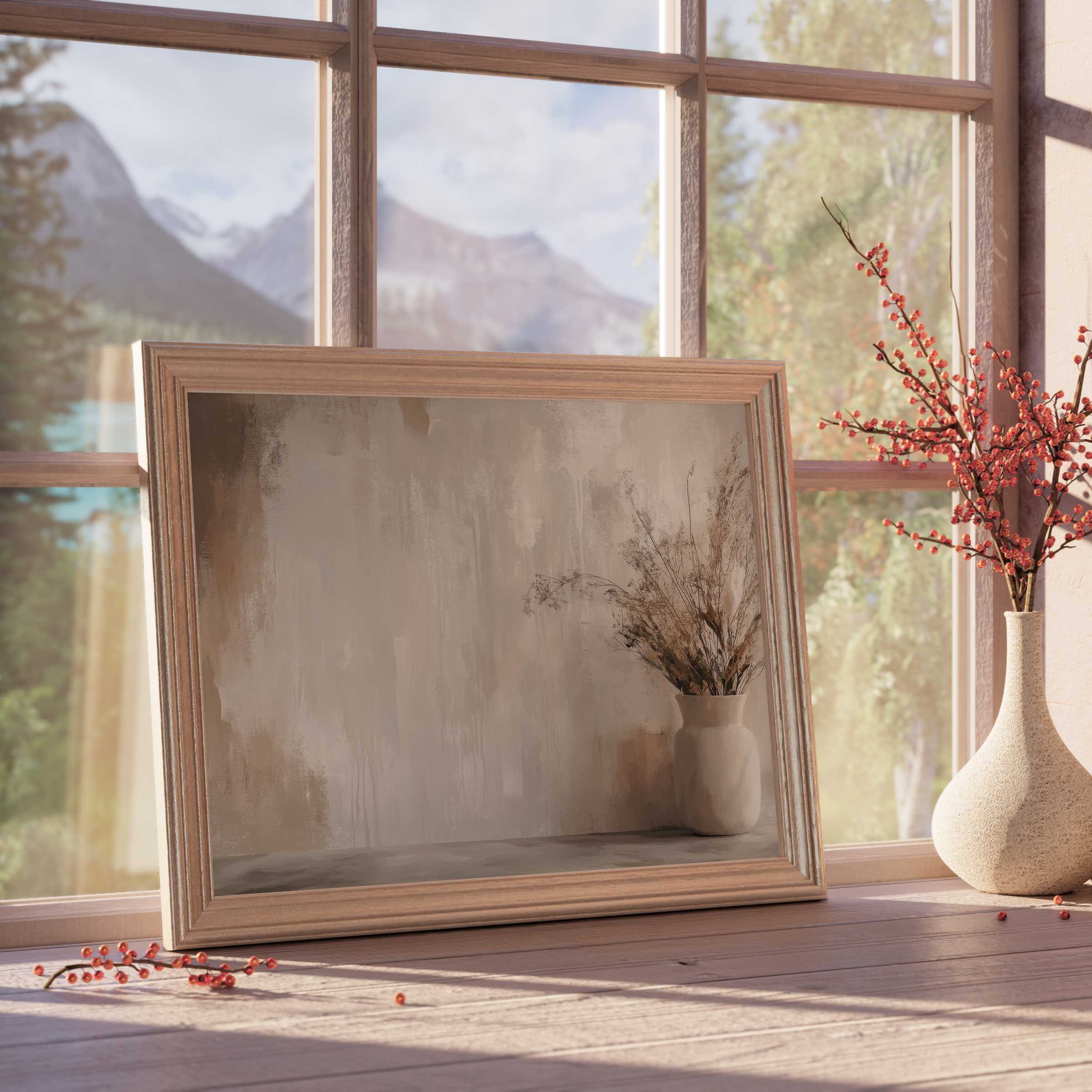 Boho downloadable art with serene dried botanicals in a natural wooden frame, elevating tranquil, curated living spaces