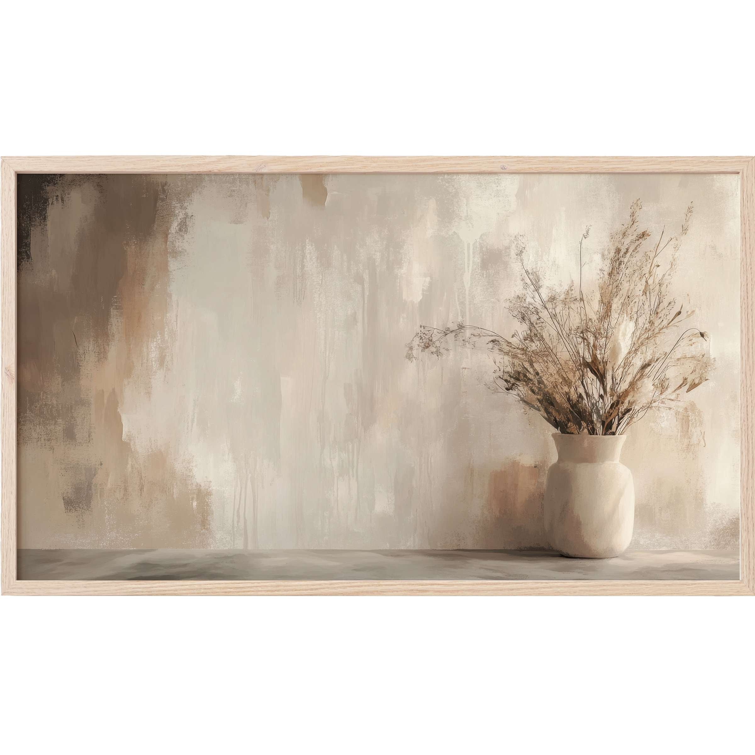 Boho Frame TV Art with soft beige and brown tones, featuring delicate dried florals in a textured, minimalist vase