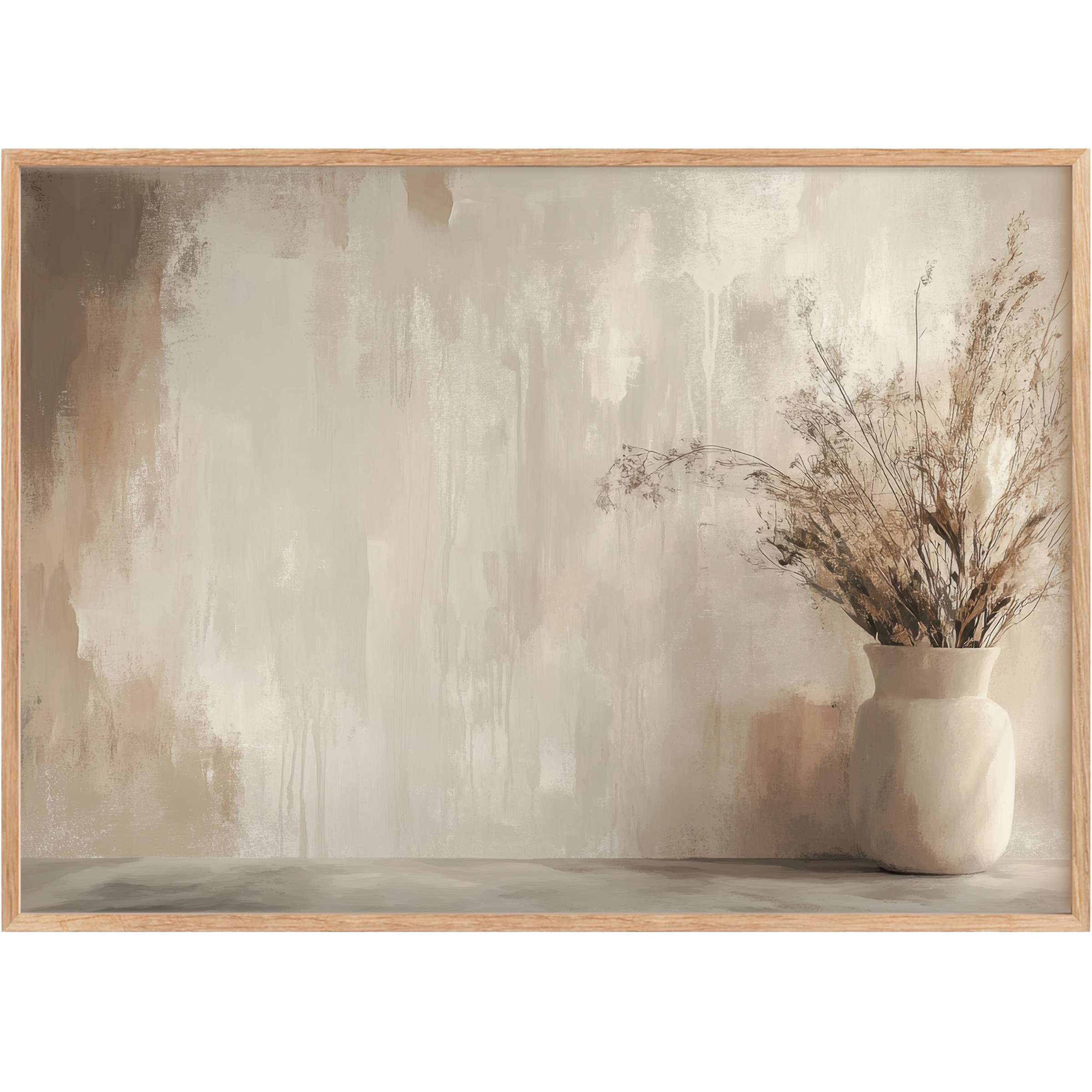 Boho printable wall art featuring muted beige tones and delicate dried florals, creating a serene, grounded ambiance