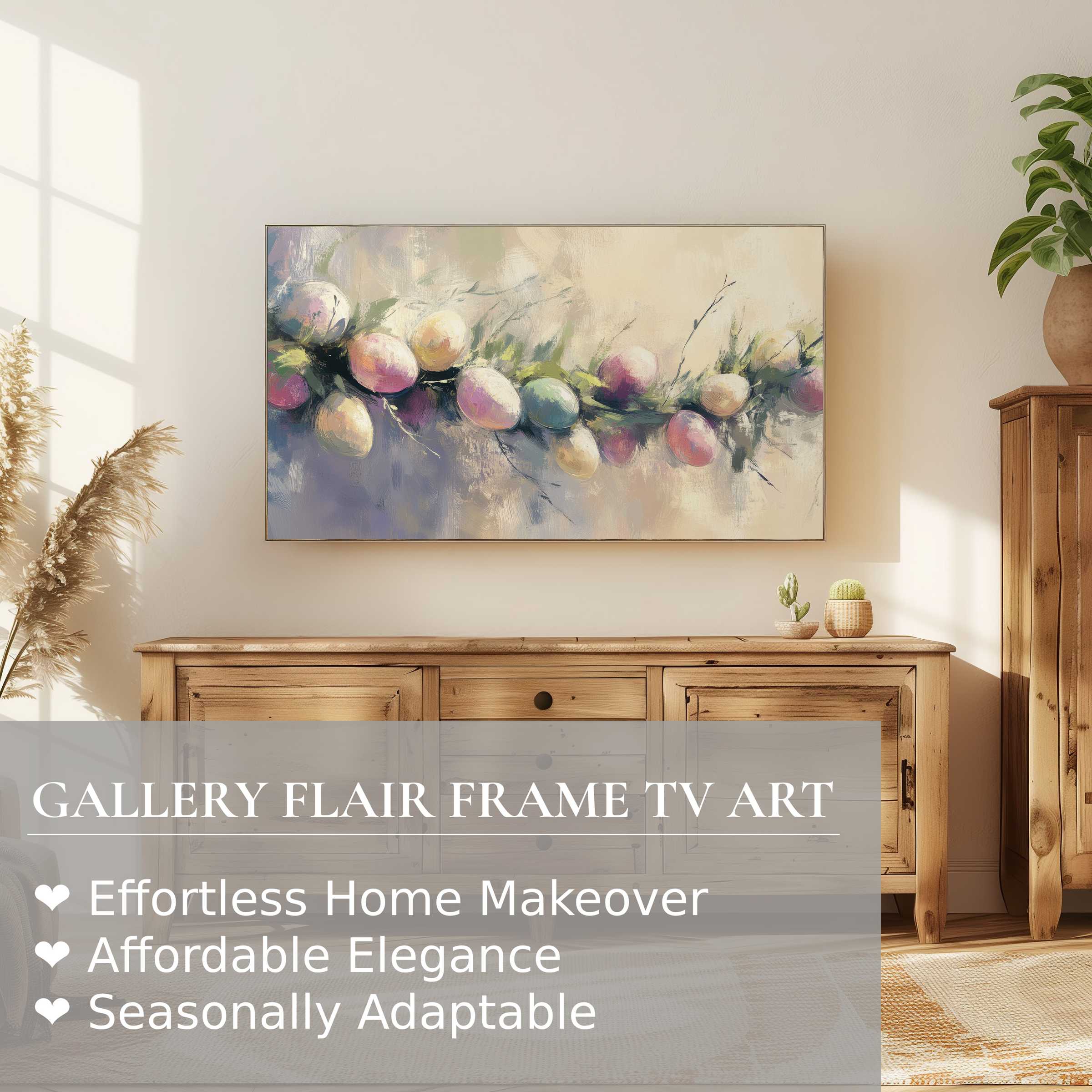 Elegant easter digital artwork of pastel eggs displayed on Samsung Frame TV in warm, modern living space
