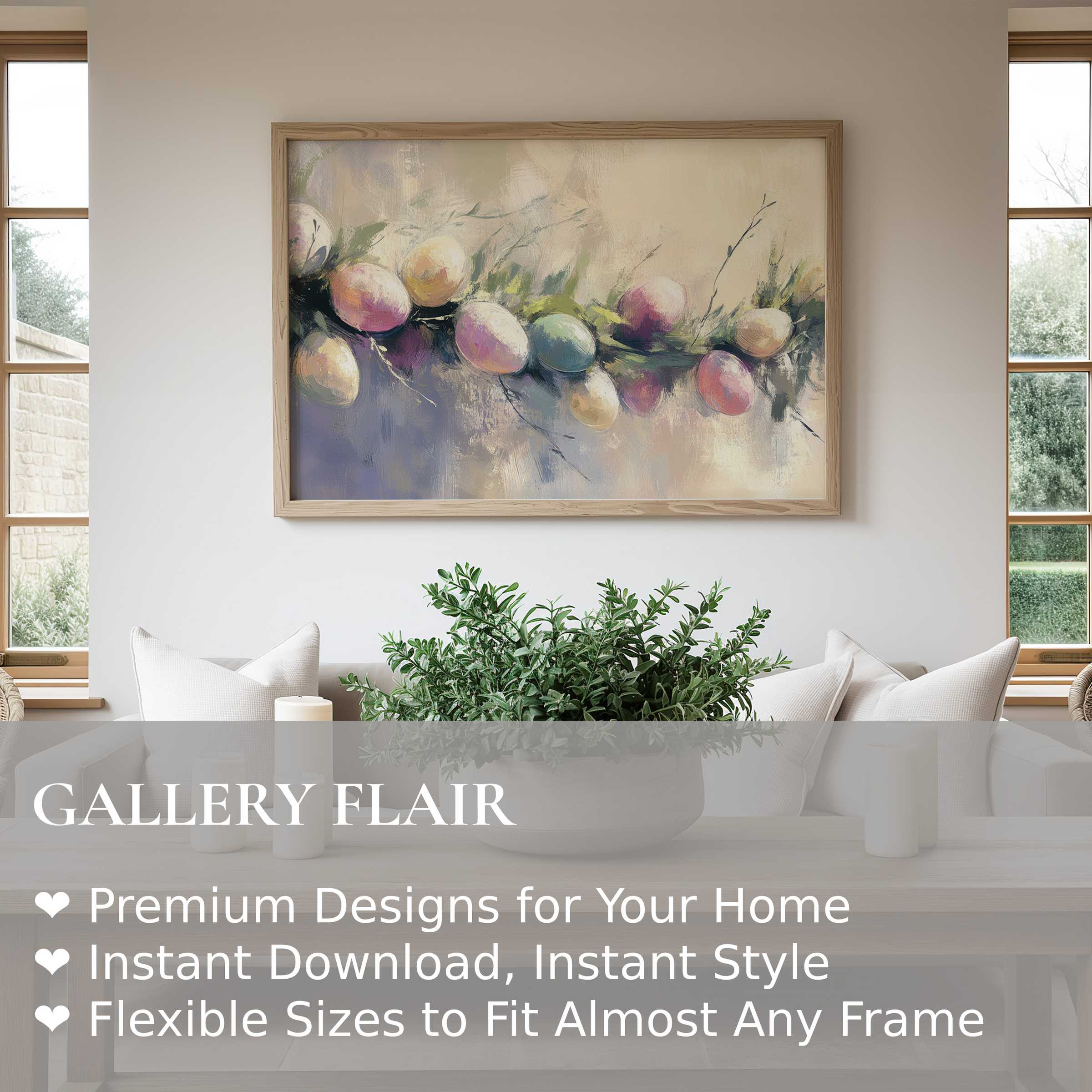 Easter wall art print featuring soft pastel eggs and greenery in a serene, contemporary living room setting, enhancing modern decor with subtle elegance