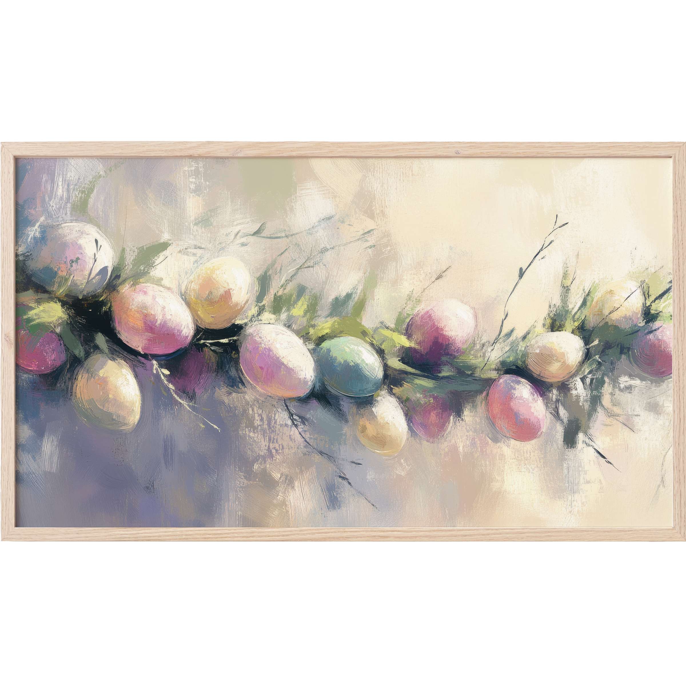 Elegant pastel Easter eggs intertwined with greenery in soft brushstrokes, a serene easter Frame TV Art