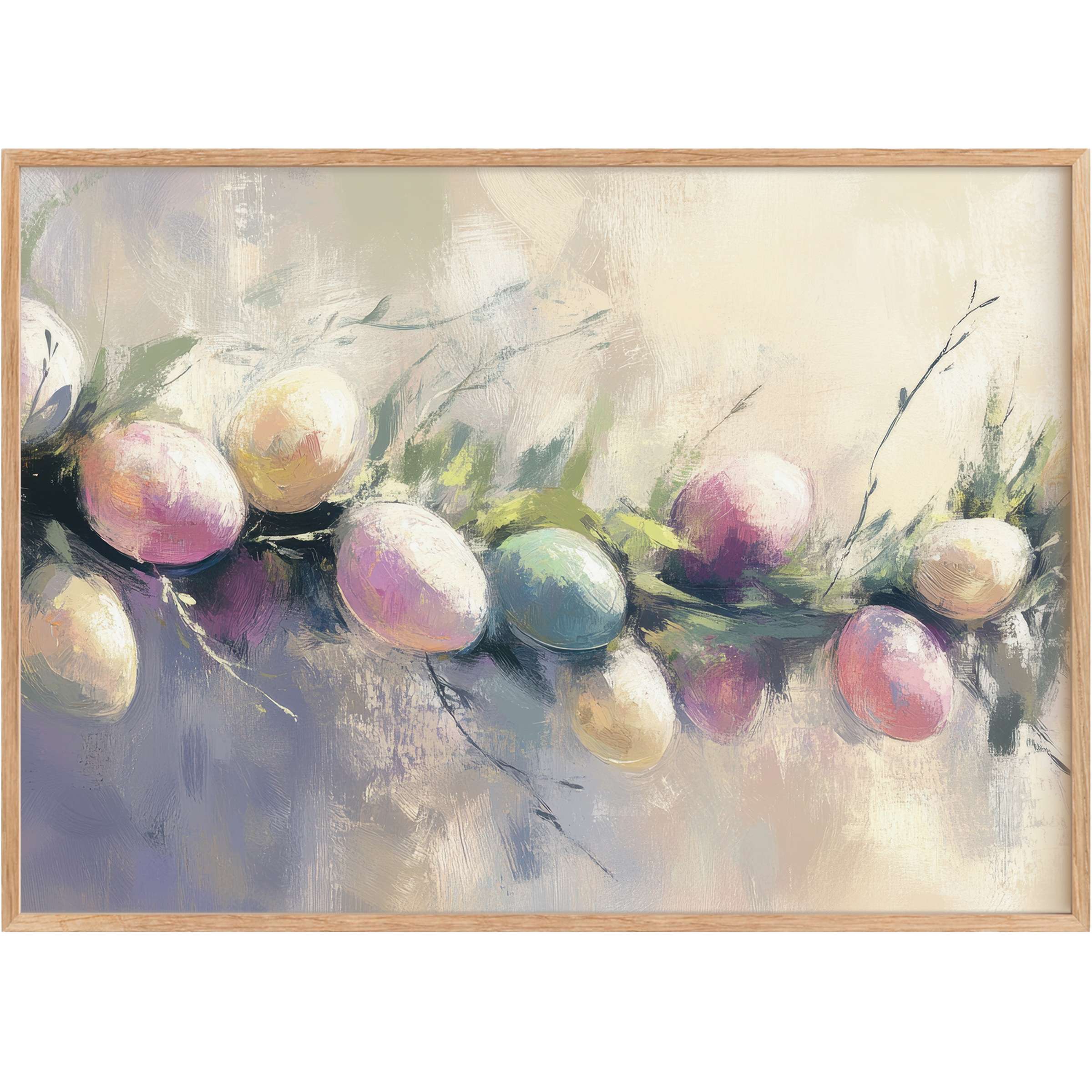 Easter printable wall art with softly blended pastel eggs and foliage, creating a serene, elegant, and inviting ambiance