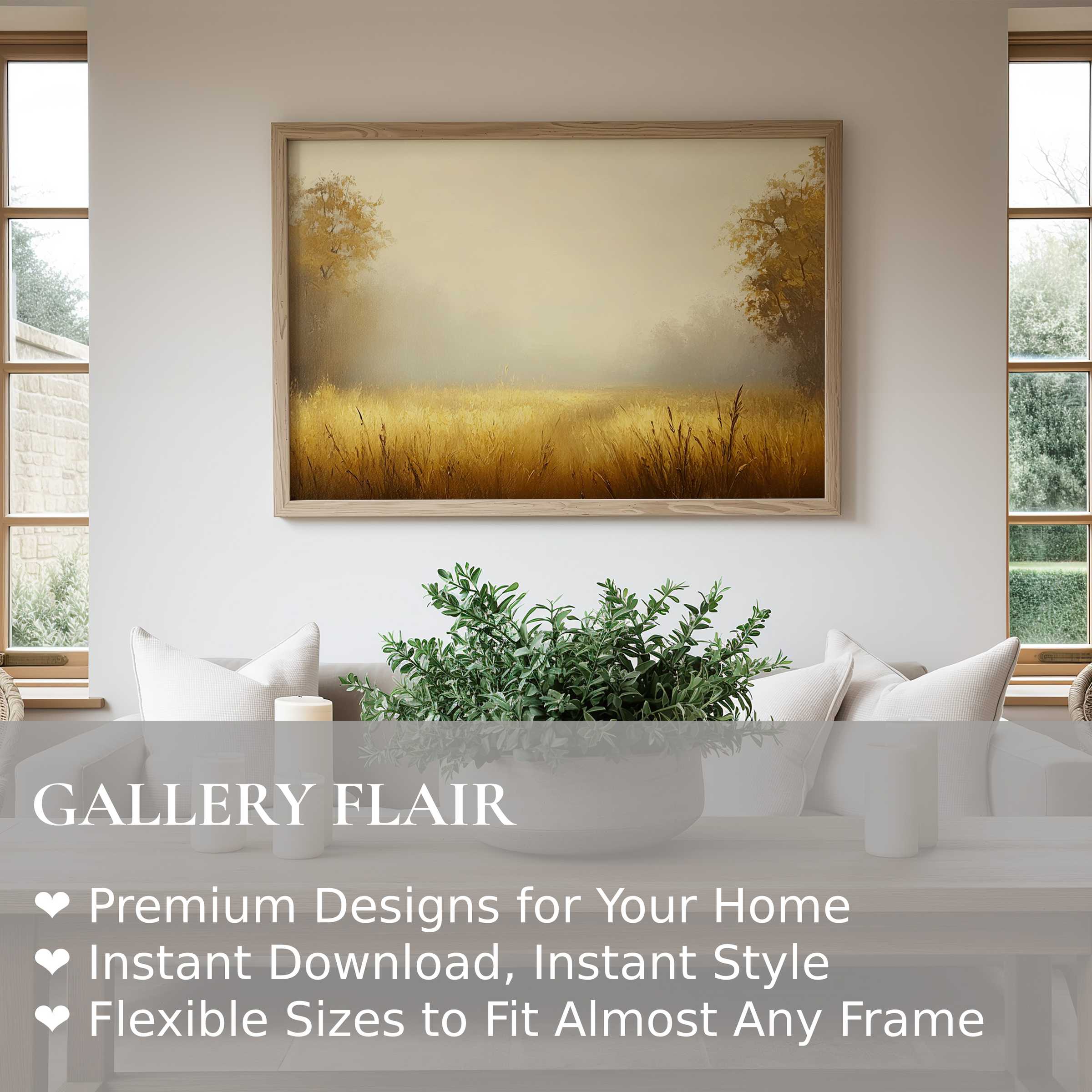 Fall wall art print featuring a radiant autumnal meadow in soft golden hues, elevating modern minimalist spaces with calming nature-inspired elegance
