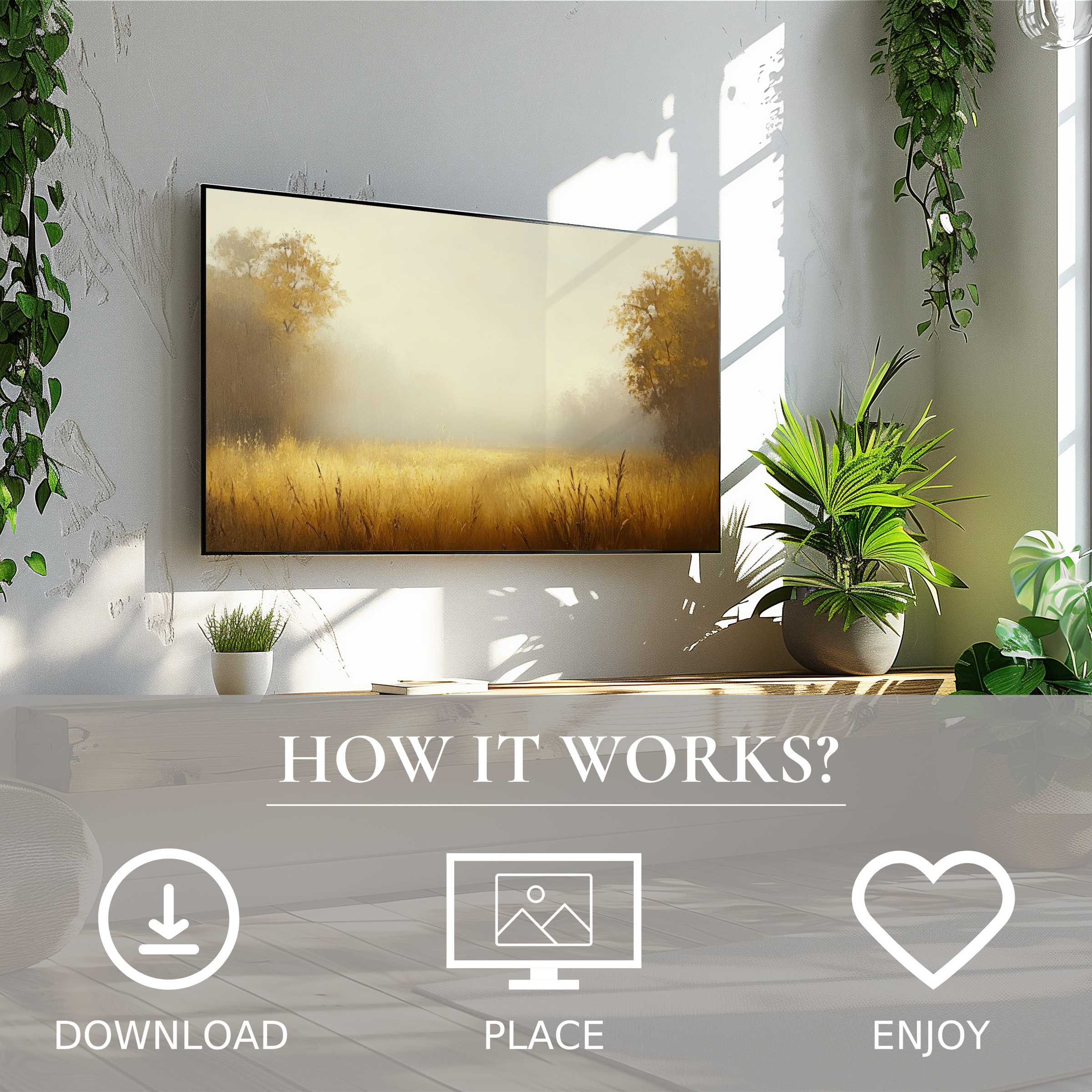 Fall art for Samsung TV: digital download shows soft golden mist landscape, enriching modern living with effortless style