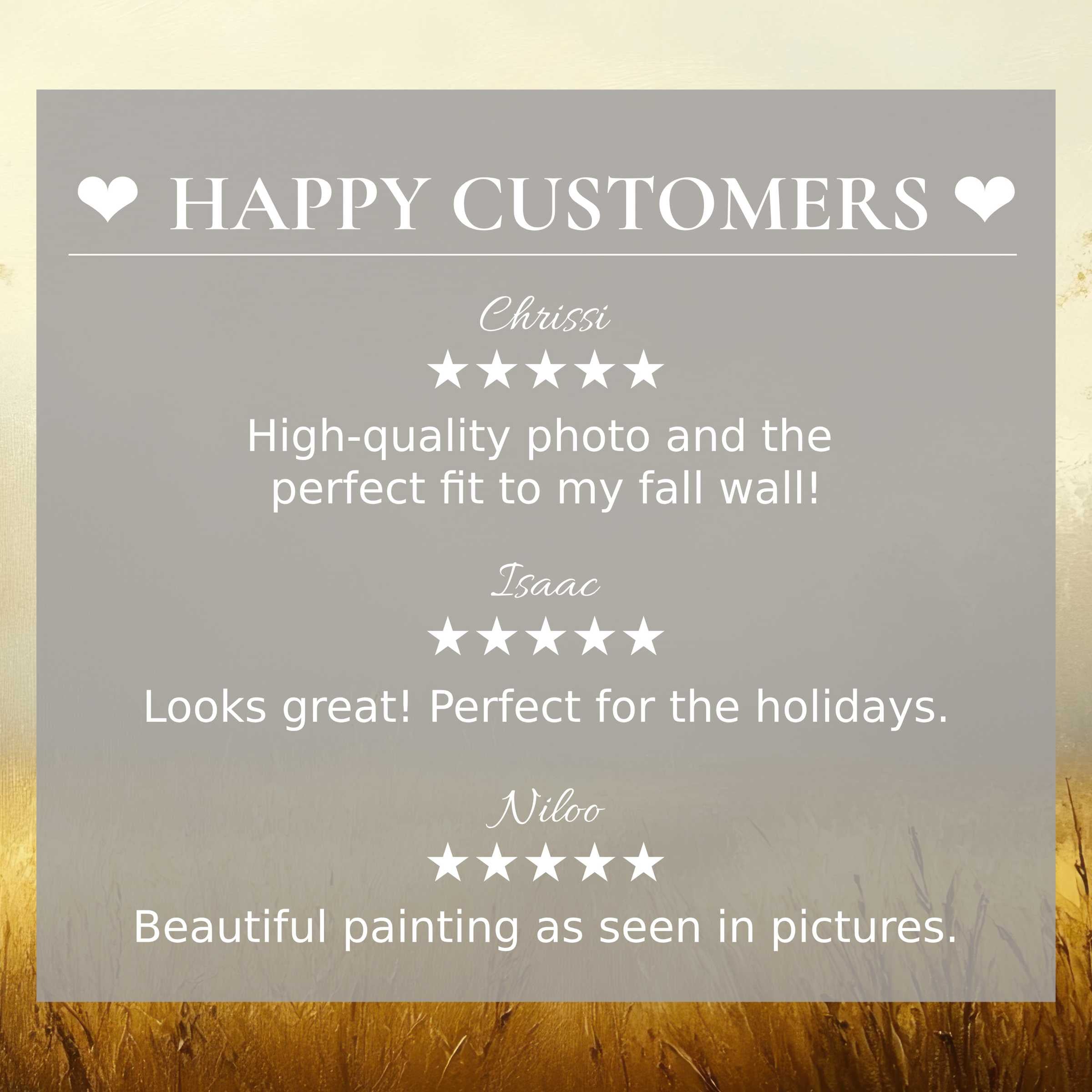 Elegant fall art for Frame TV with a soft sunset gradient, showcasing happy customer reviews and refined trust