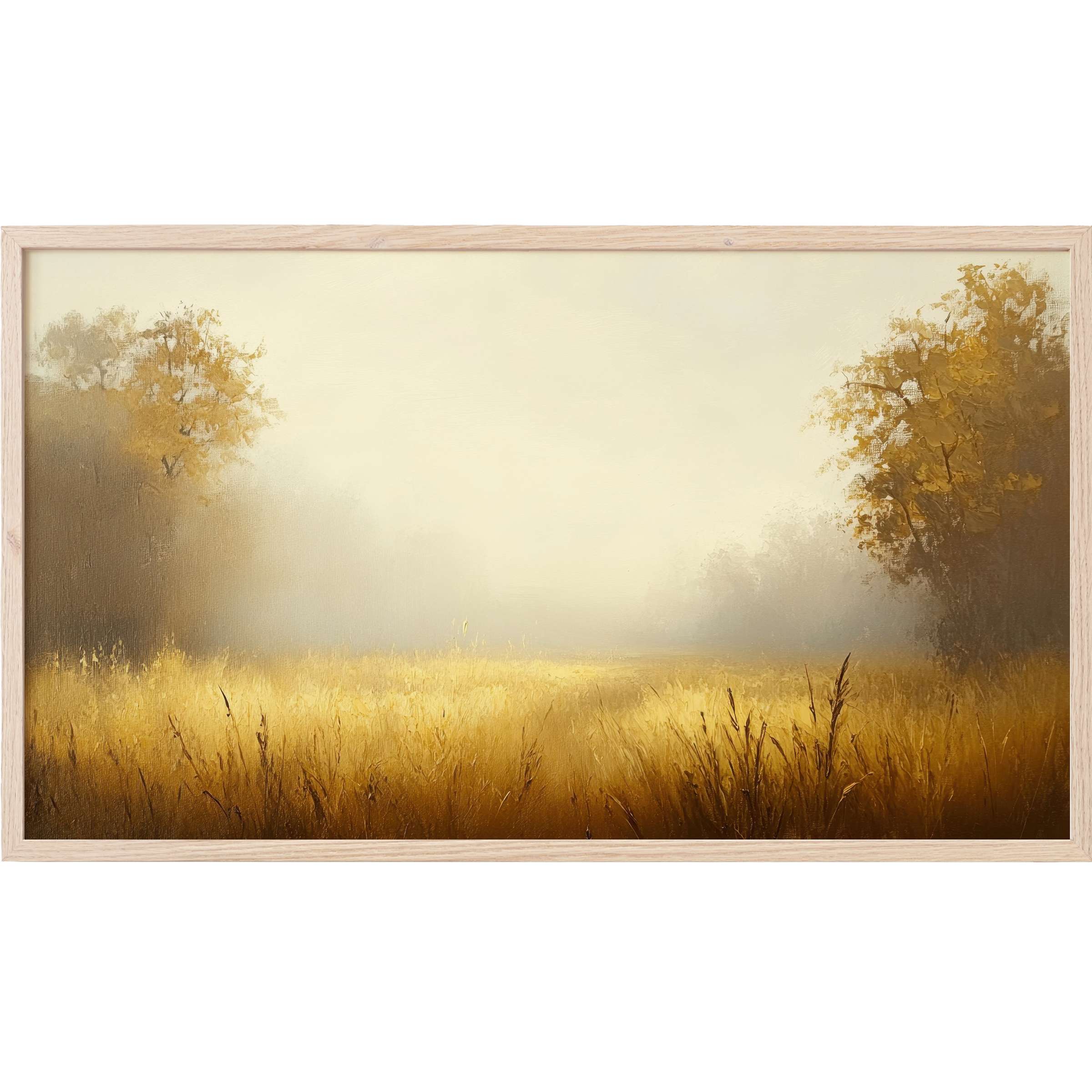Fall Frame TV Art depicting a serene golden field with soft mist and warm autumnal tones in a modern style