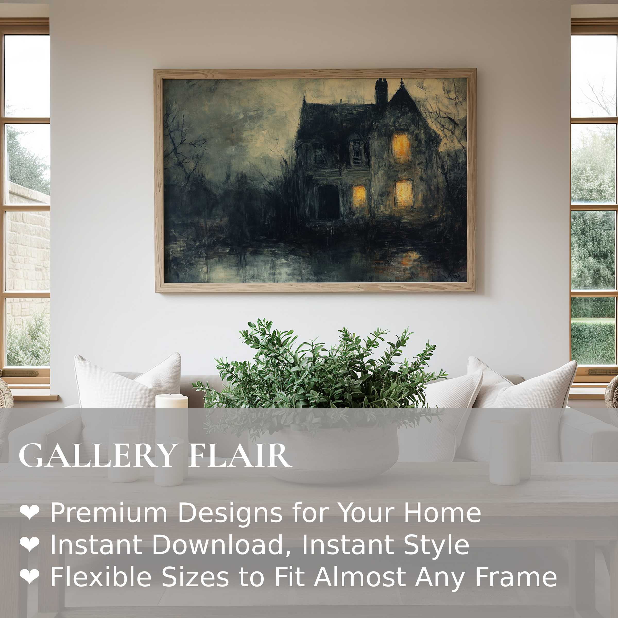 Hauntingly atmospheric Halloween wall art print features a shadowy Victorian house with glowing windows, evoking mystery and dark elegance Perfect for modern minimalist interiors, this moody artwork adds a bold, cinematic touch that transforms living spaces into stylish, evocative retreats Ideal for lovers of gothic decor and seasonal autumn ambiance