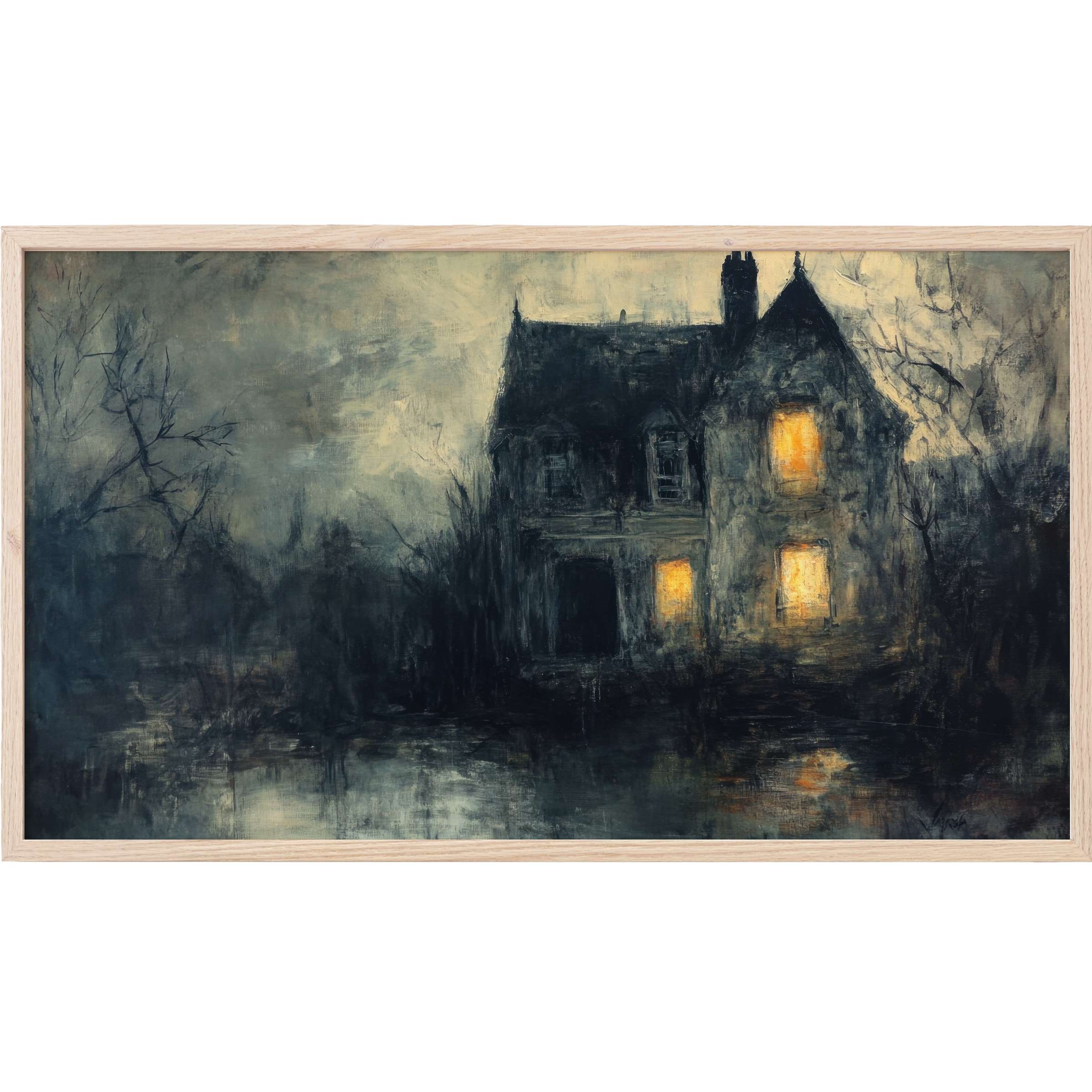 Moody haunted house in muted blues and grays with warm glowing windows, a sophisticated halloween Frame TV Art