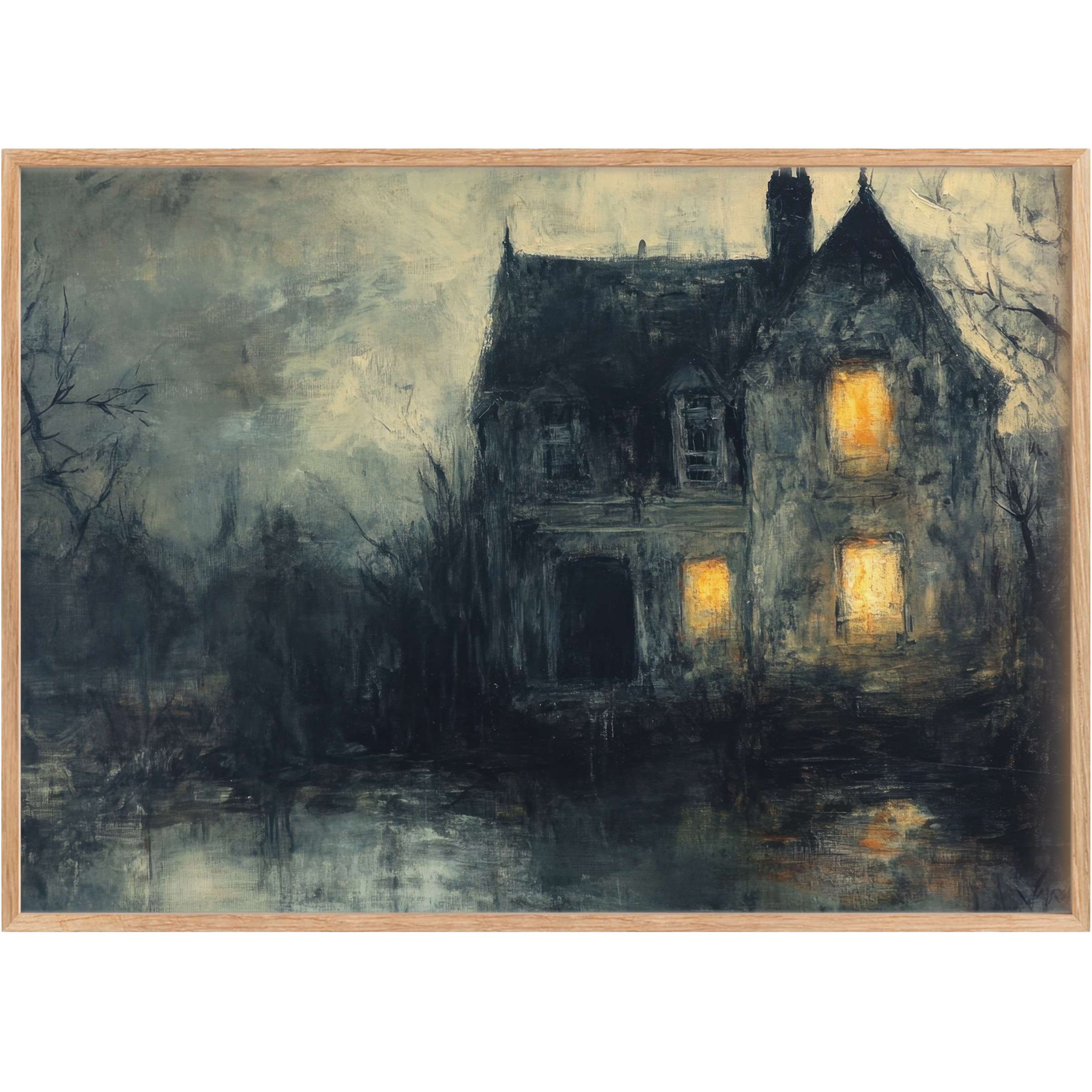 Haunting yet inviting, this Halloween printable wall art blends deep midnight blues and amber glows to evoke a mysterious, atmospheric charm