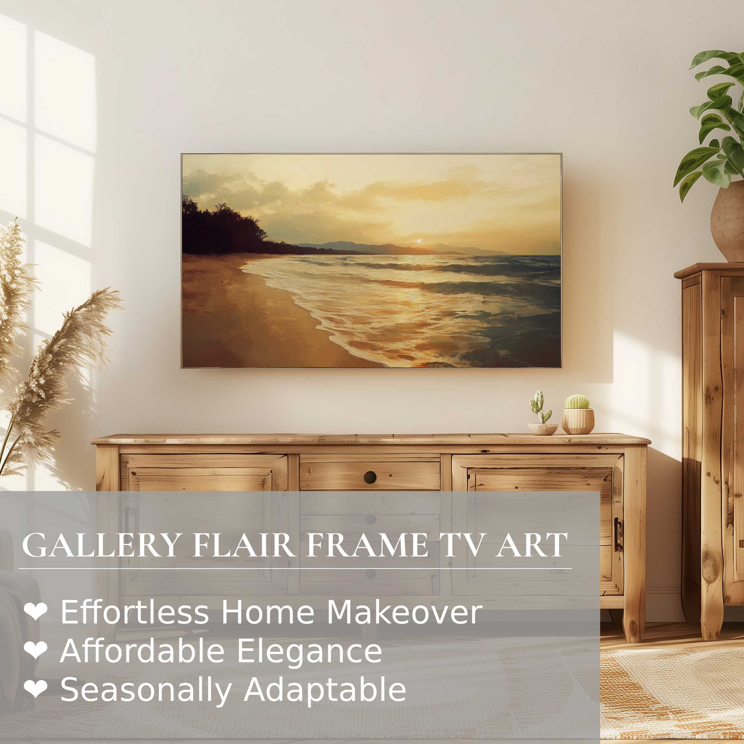 Samsung Frame TV displaying serene beach digital artwork, enhancing elegant, modern home decor with warm, natural tones