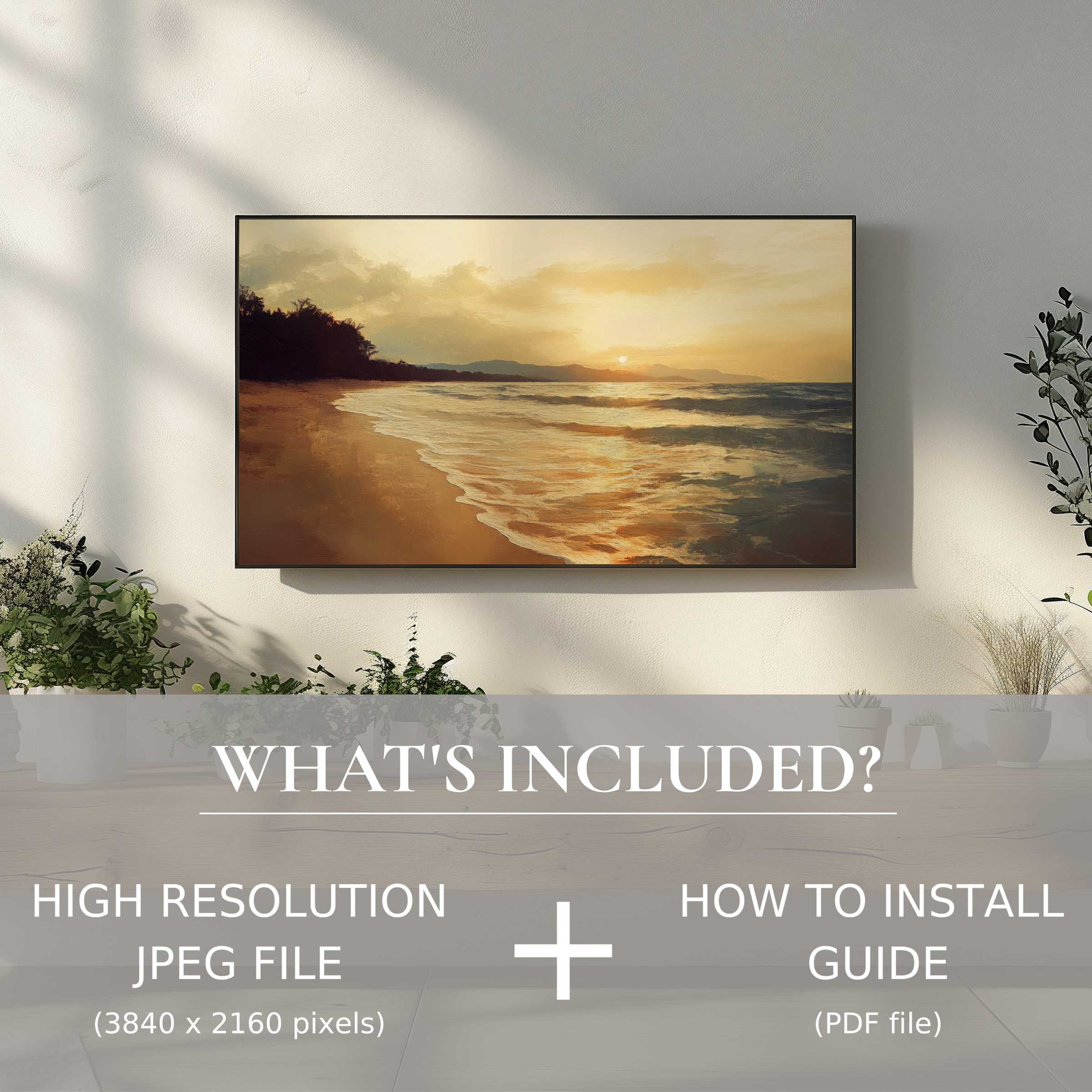 Elegant beach digital TV art download enhances living spaces with easy digital use in modern, stylish home decor settings