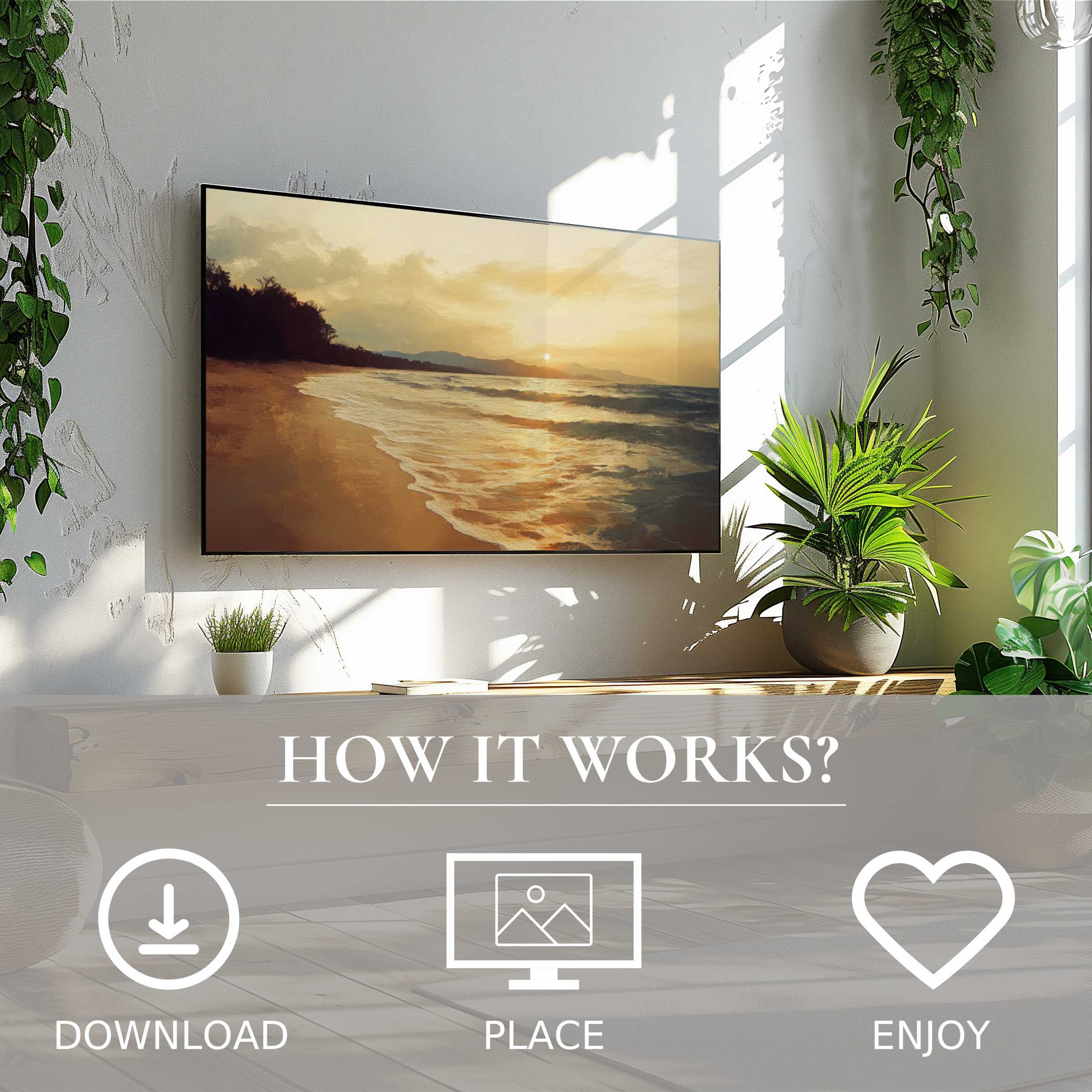 Modern living with easy digital download beach art for Samsung TV, featuring soft sunset tones enriching space