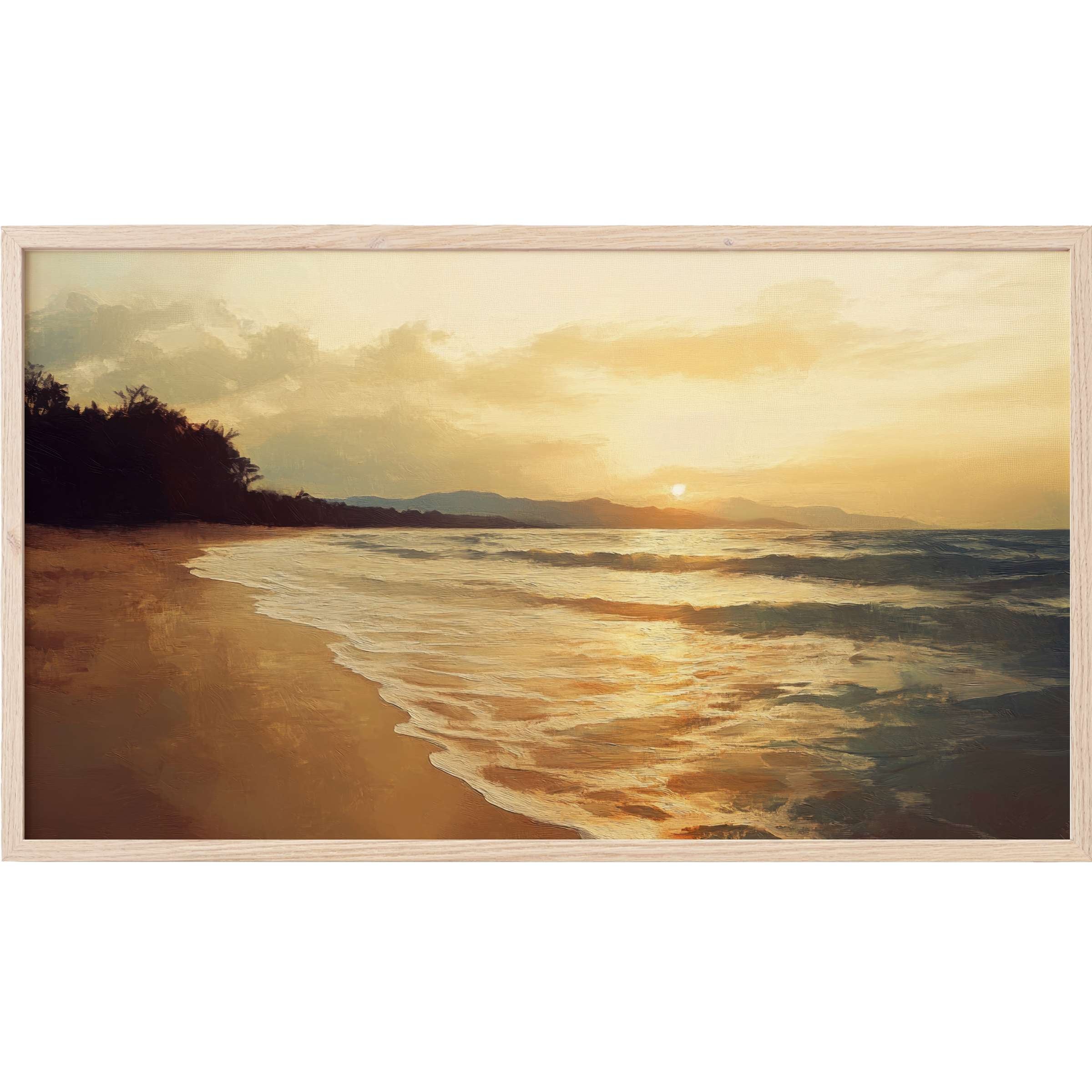 Serene sunset beachscape in warm golds and soft blues, textured brushstrokes embody calm, beach Frame TV Art