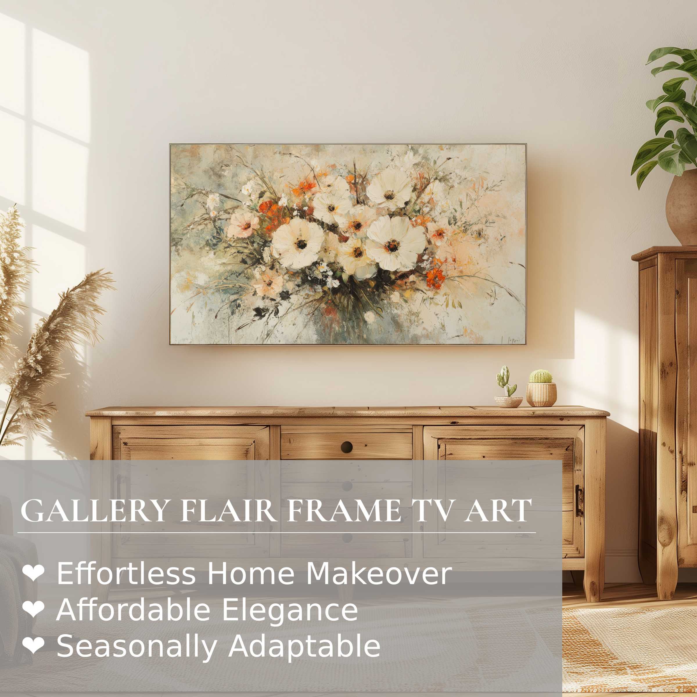 Samsung Frame TV showcasing botanical digital artwork in a refined, earthy living room with natural wood accents