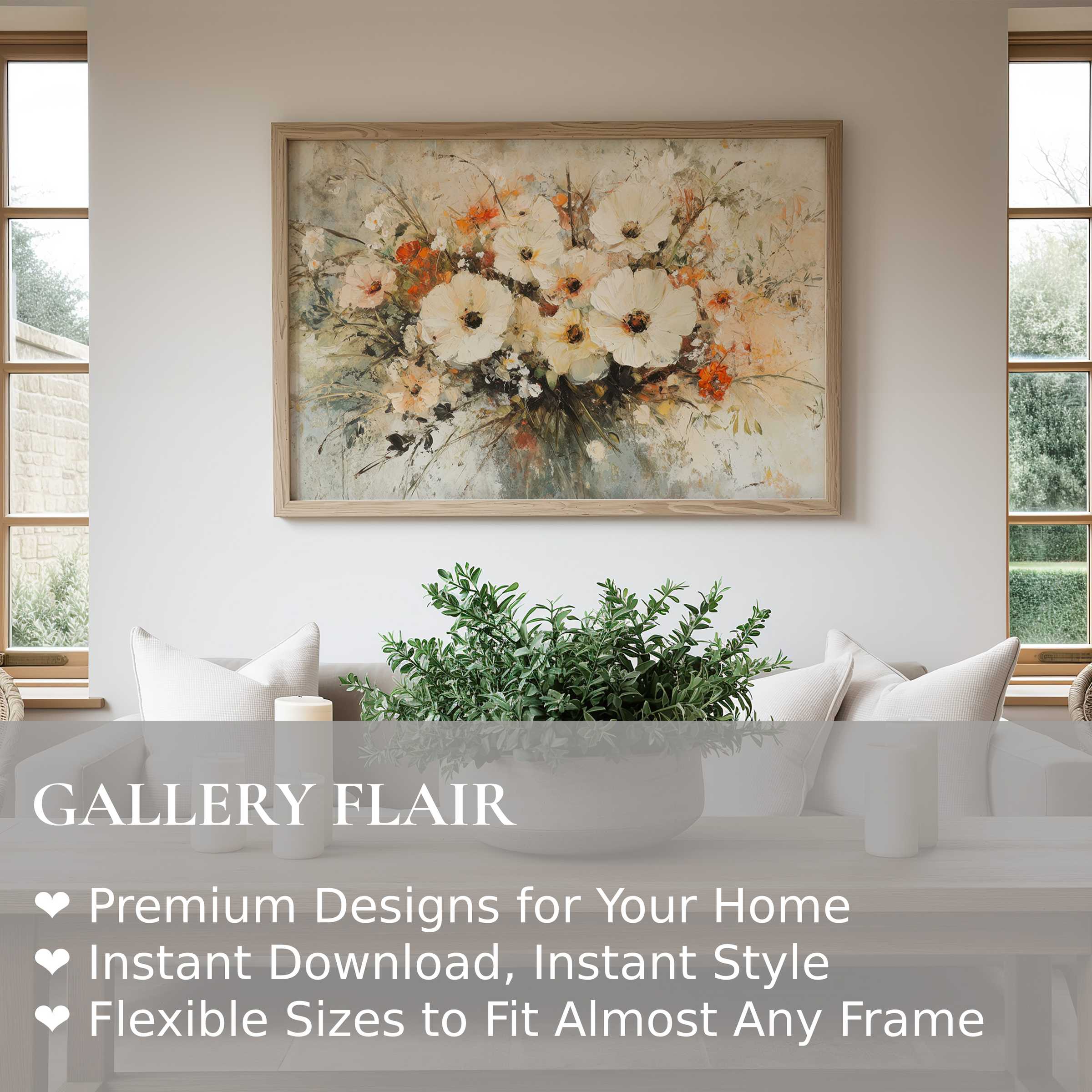 Botanical wall art print featuring soft white and orange blooms in a calming, modern farmhouse living space, enhancing tranquility