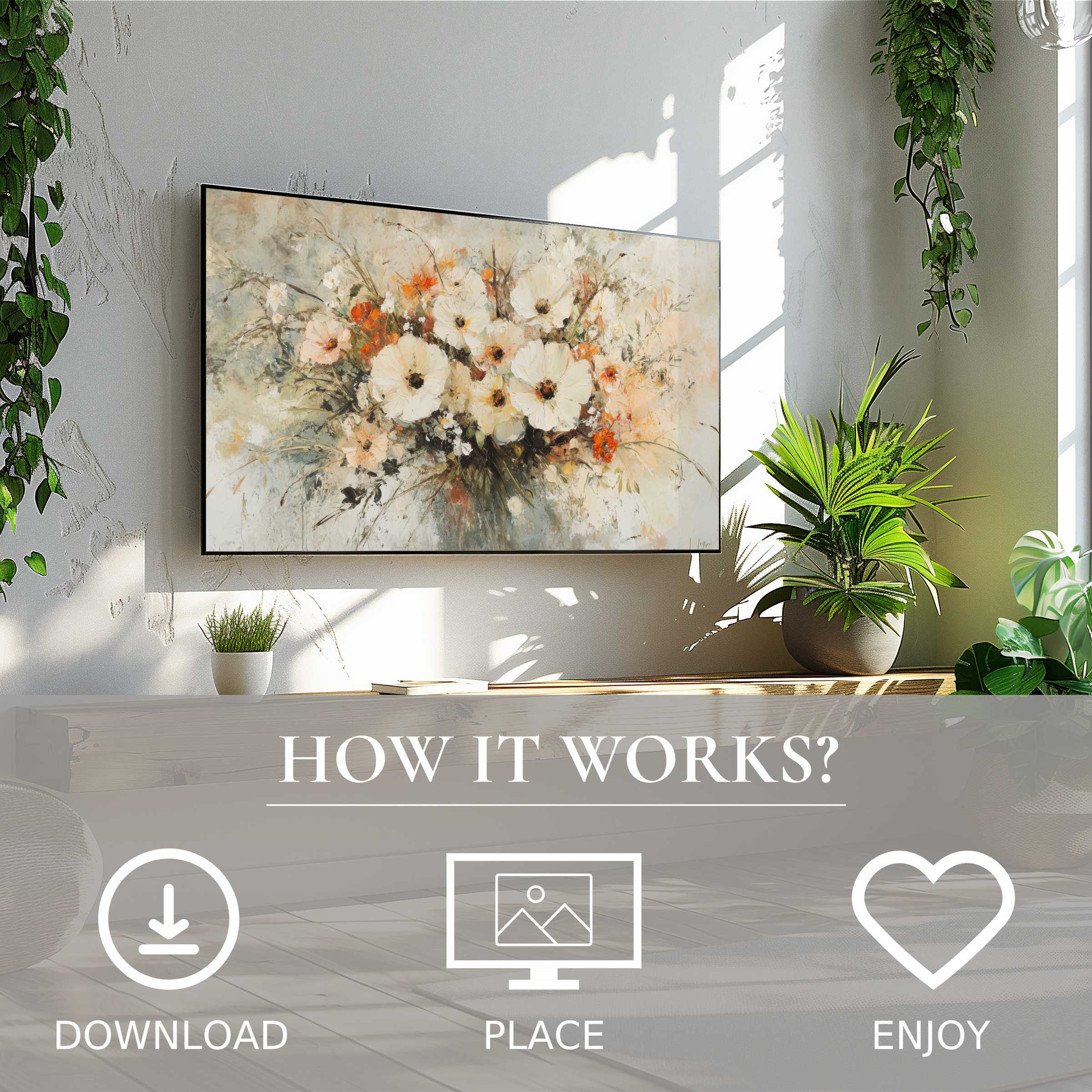 Botanical art for Samsung TV shows soft sunset tones, easy digital download, enriching modern living spaces with floral beauty