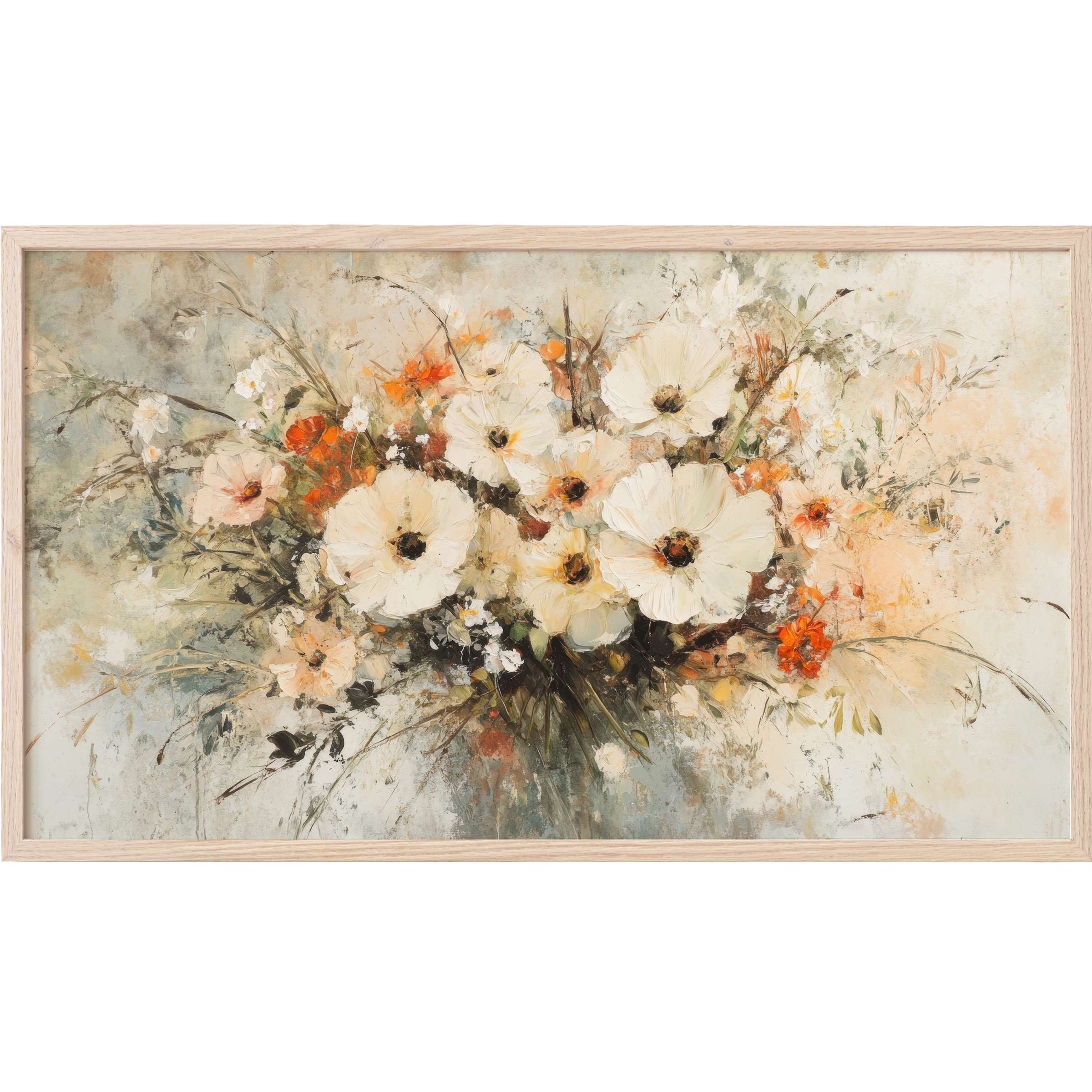 Elegant botanical Frame TV Art with soft creams, muted greens, and warm terracotta in a modern expressive style