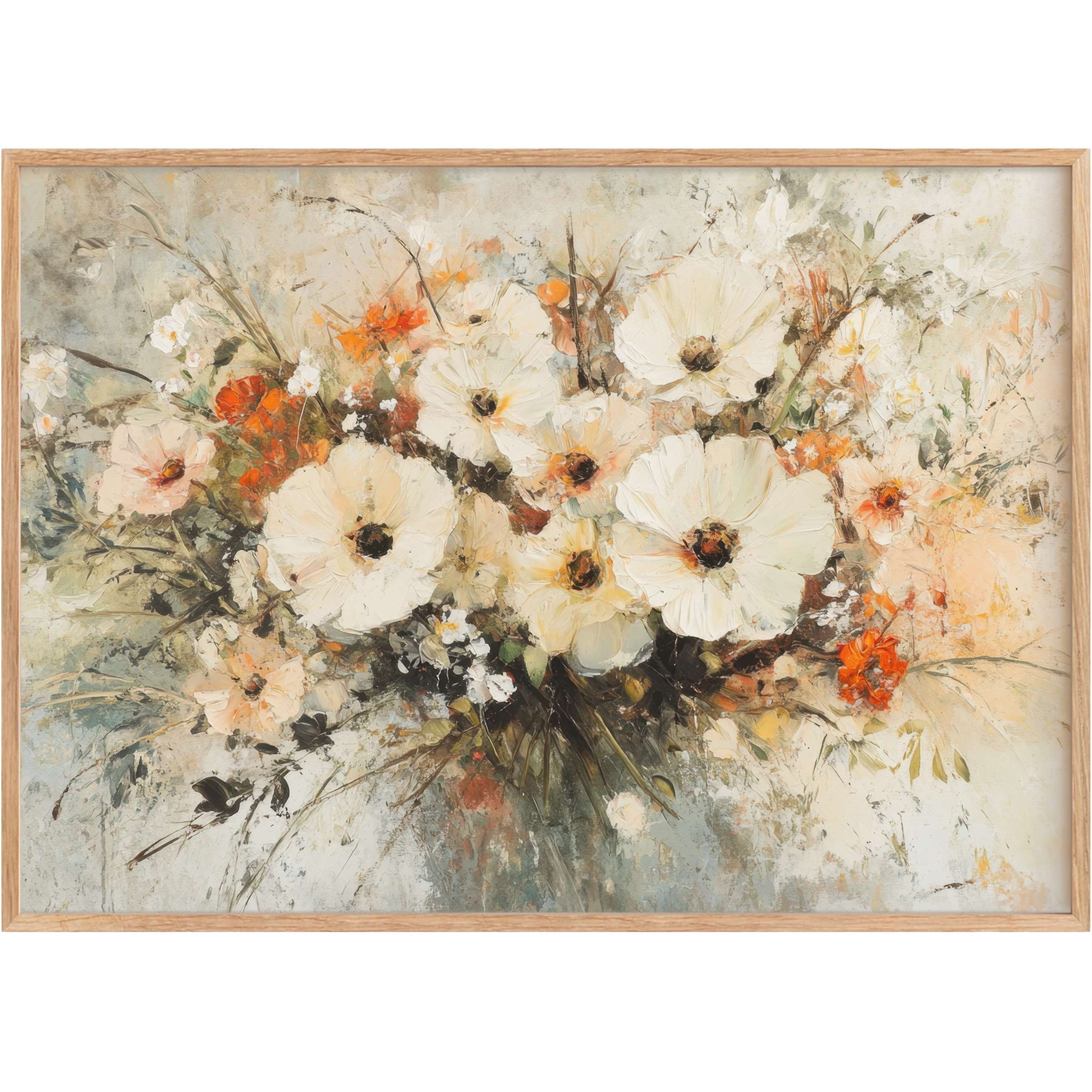 Botanical printable wall art with soft cream blooms and warm orange accents, creating a serene, timeless ambiance in chic interiors