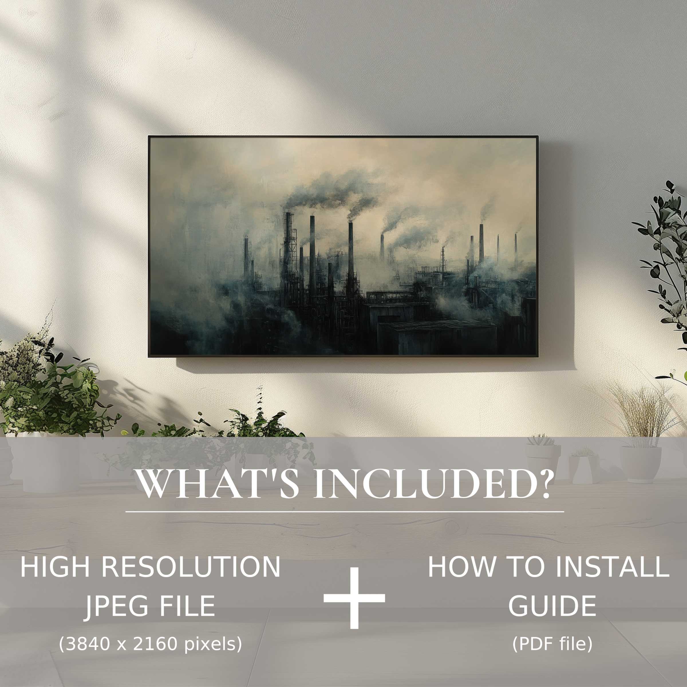 Urban digital TV art download showcasing smoky industrial design, easy to use, elevating chic modern living spaces
