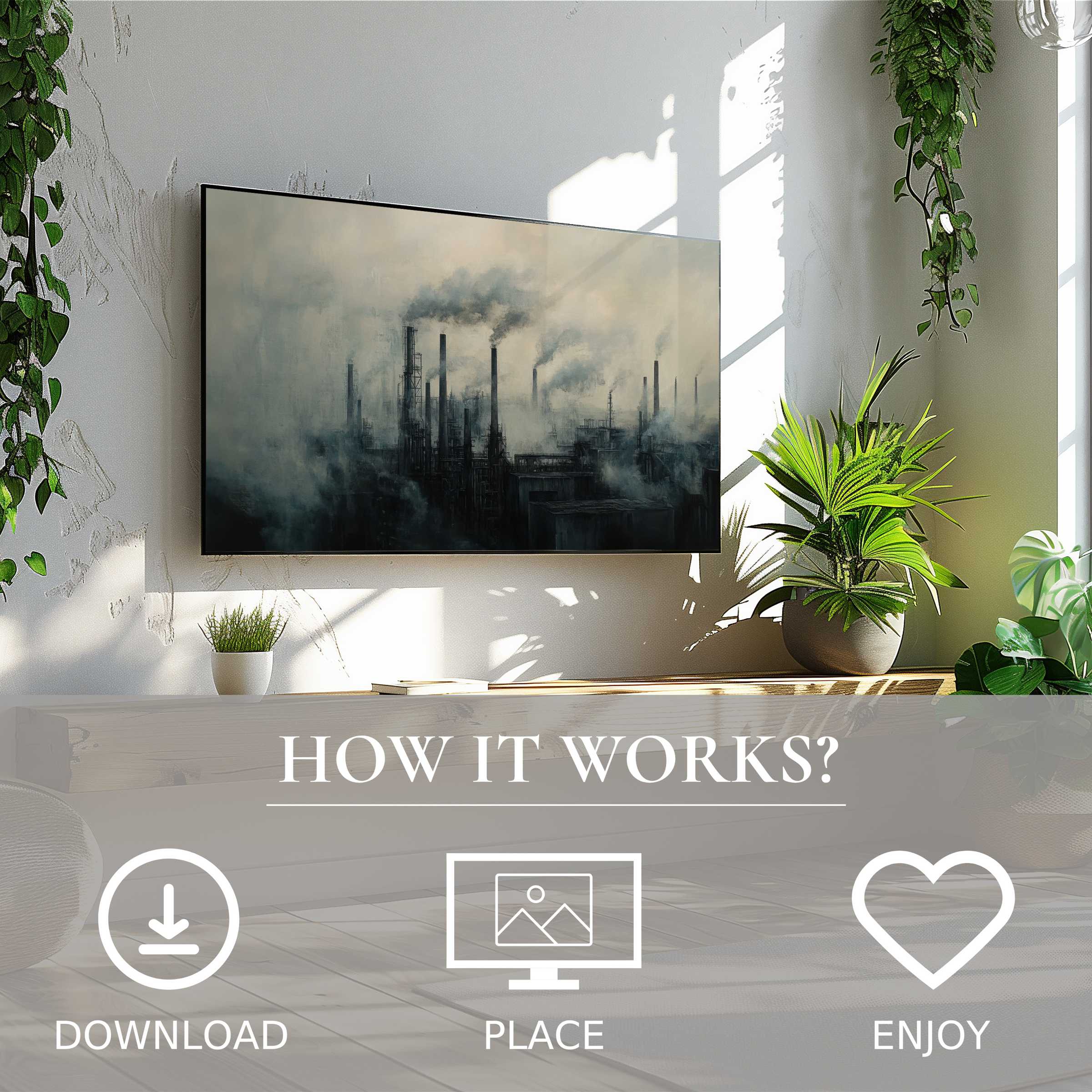 Modern living room with lush plants showcasing urban art for Samsung TV, smokey industrial motif, easy digital download