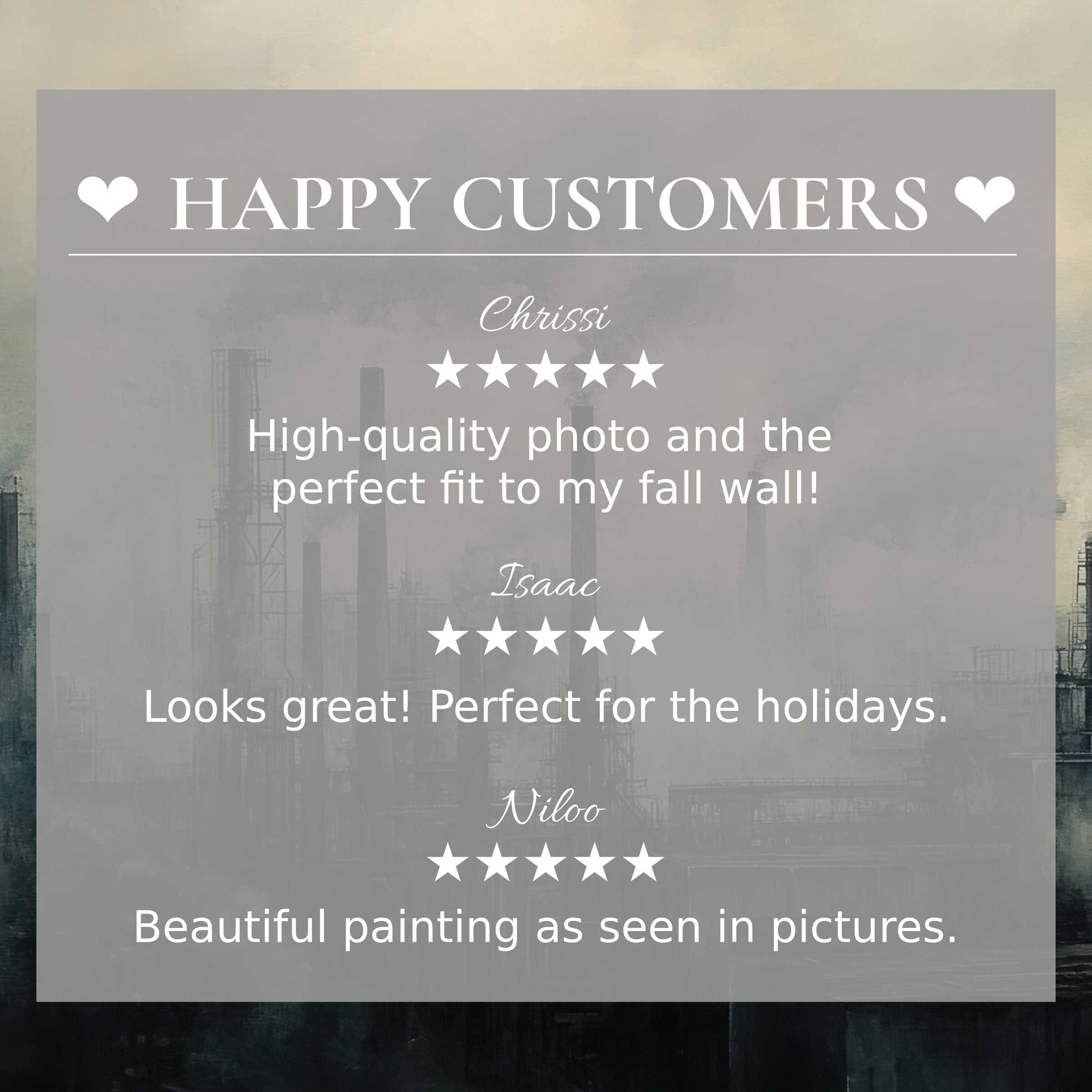 Urban art for Frame TV with industrial skyline backdrop, showcasing happy customer reviews and elegant trust-building design