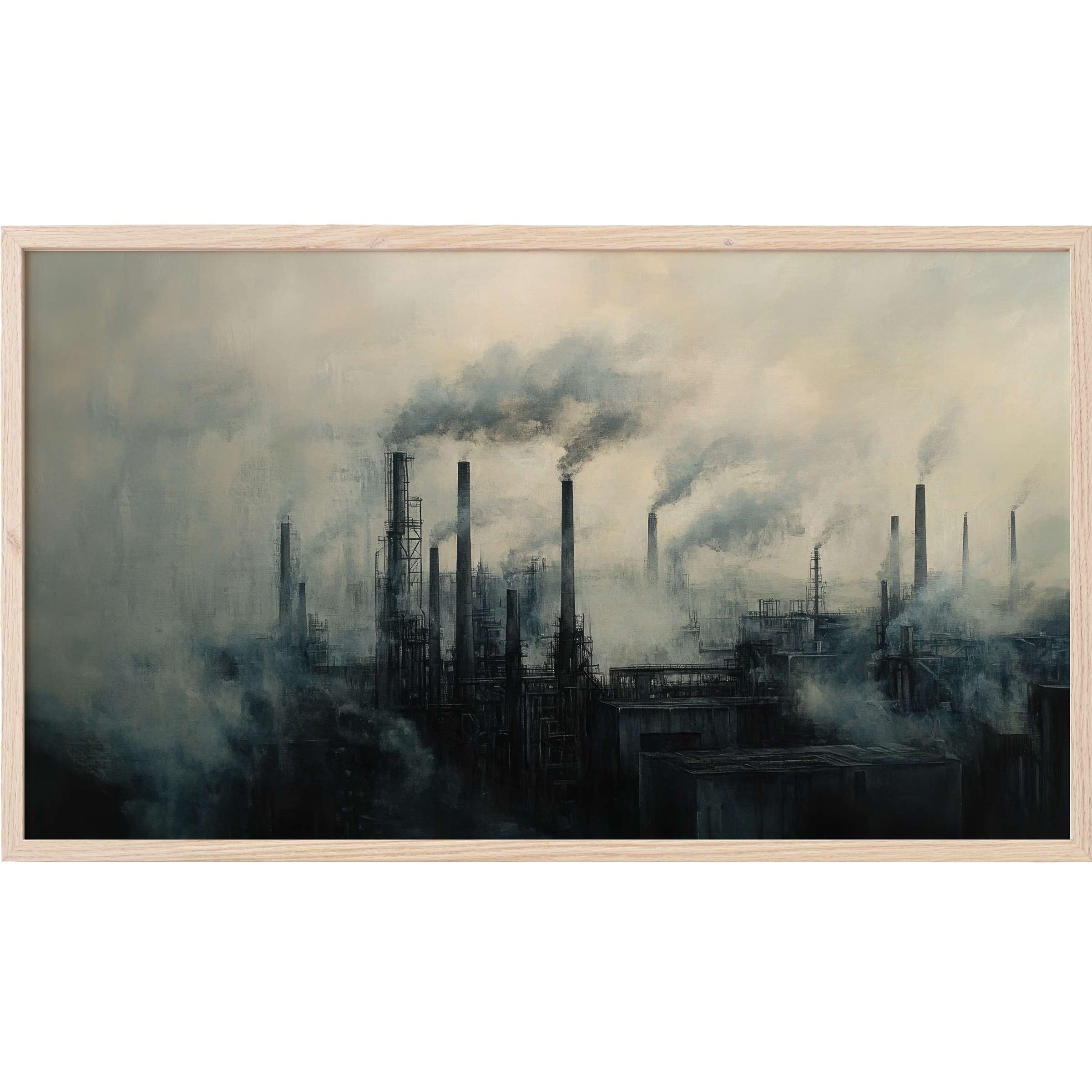Urban Frame TV Art depicting a misty industrial skyline in muted grays and blues, showcasing modern urban melancholy