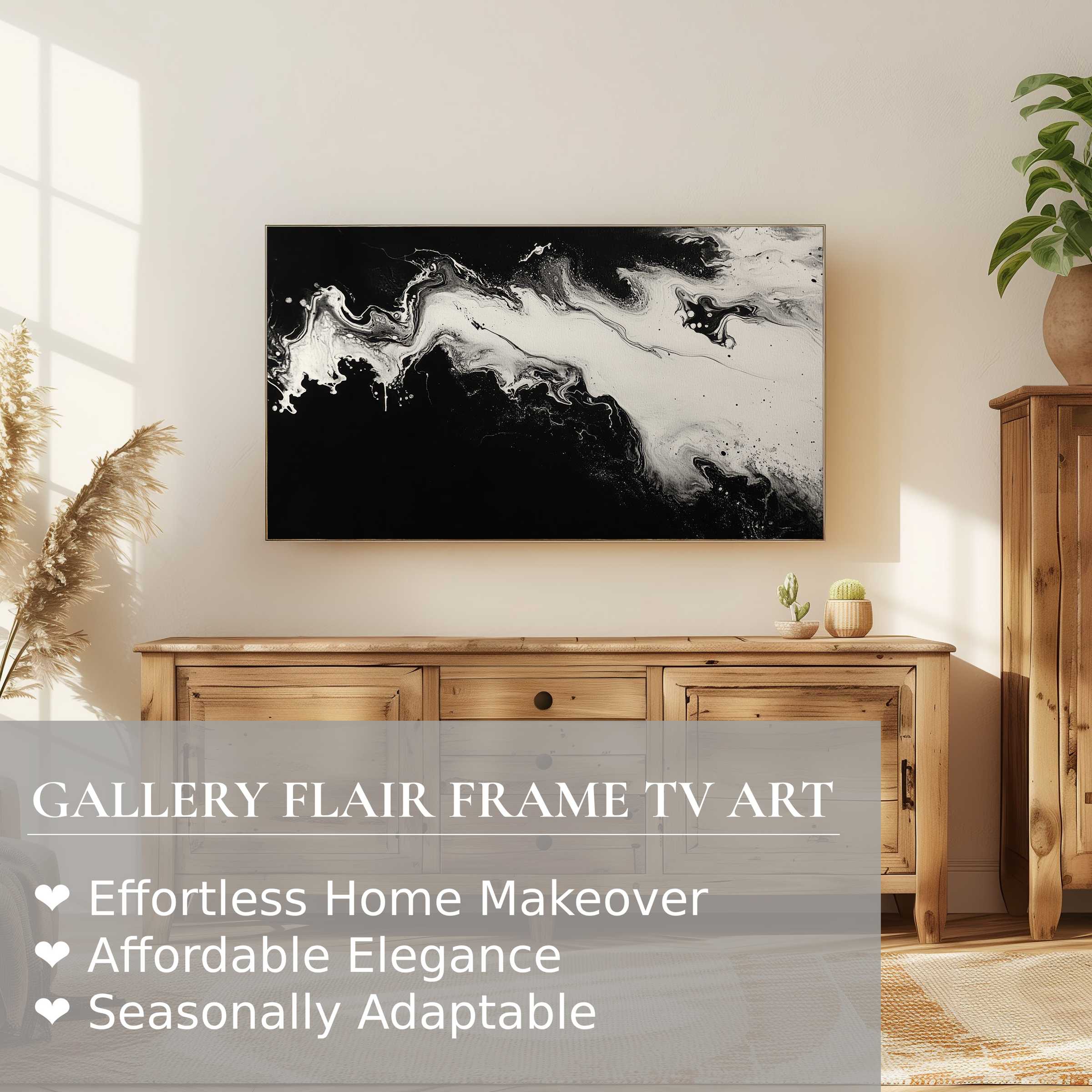 Samsung Frame TV displaying black and white digital artwork in a chic, modern living room setting
