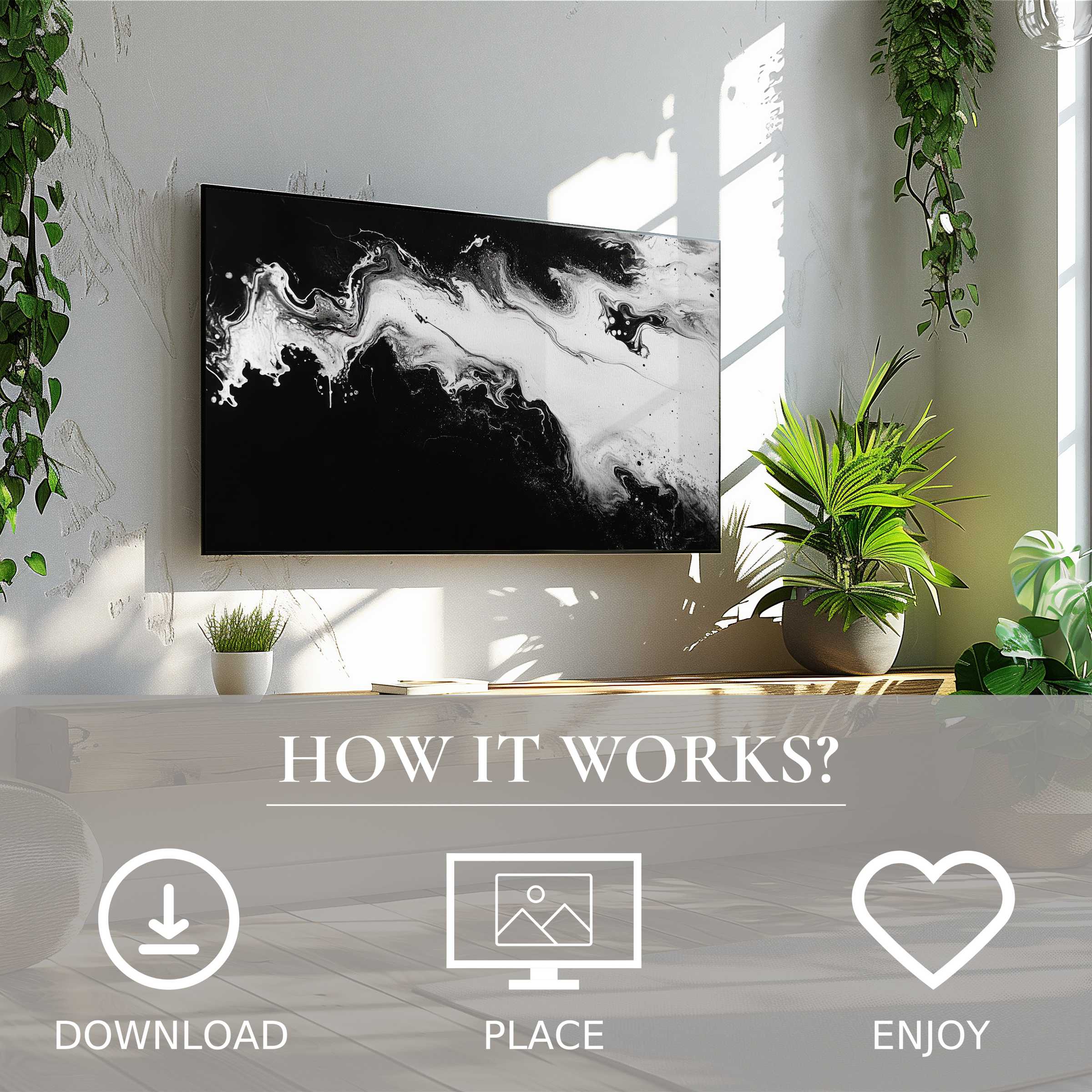 Black and white art for Samsung TV with fluid abstract motif, easy digital download enriches modern living spaces