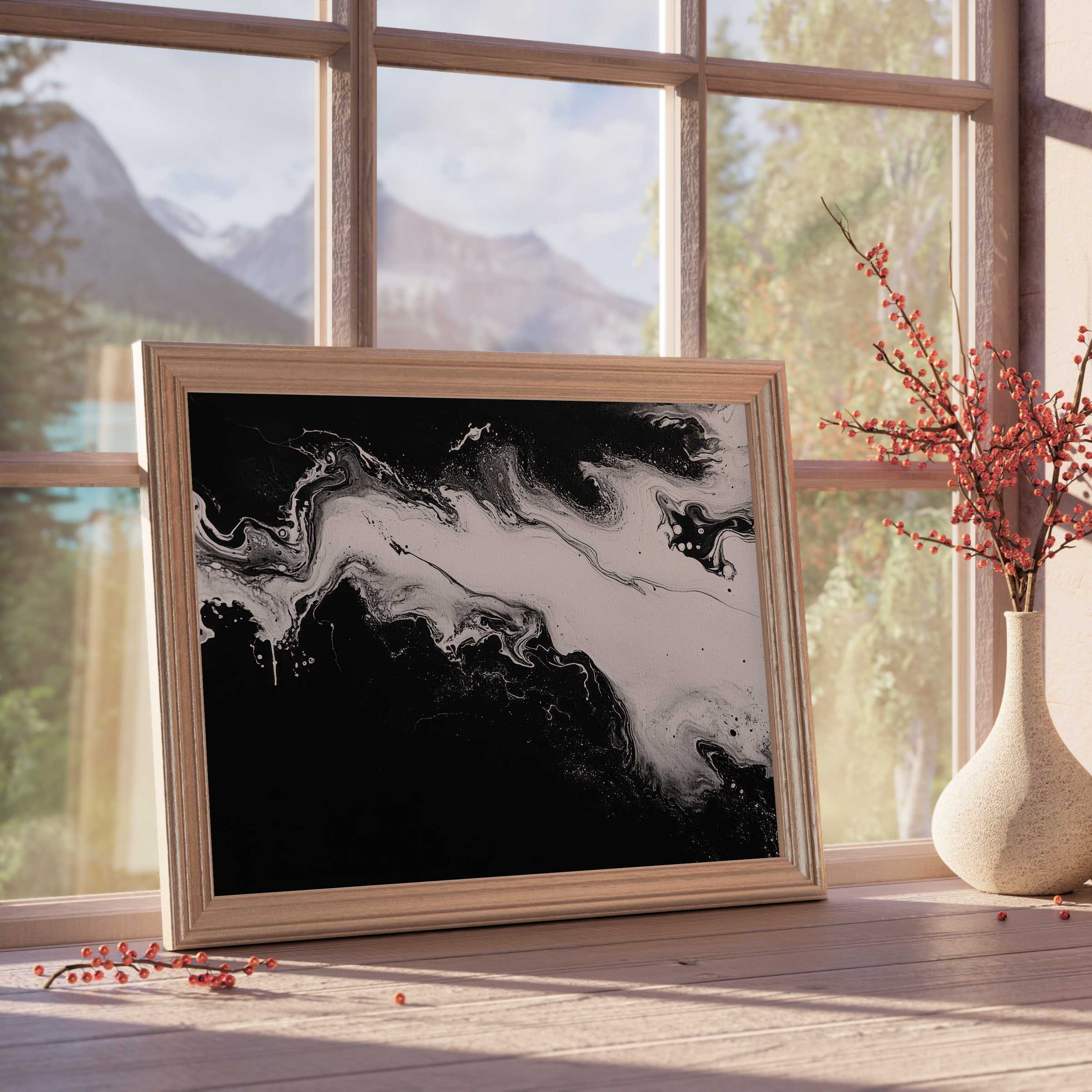 Black and white downloadable art with fluid abstract waves, enhancing tranquil, curated interiors with timeless elegance