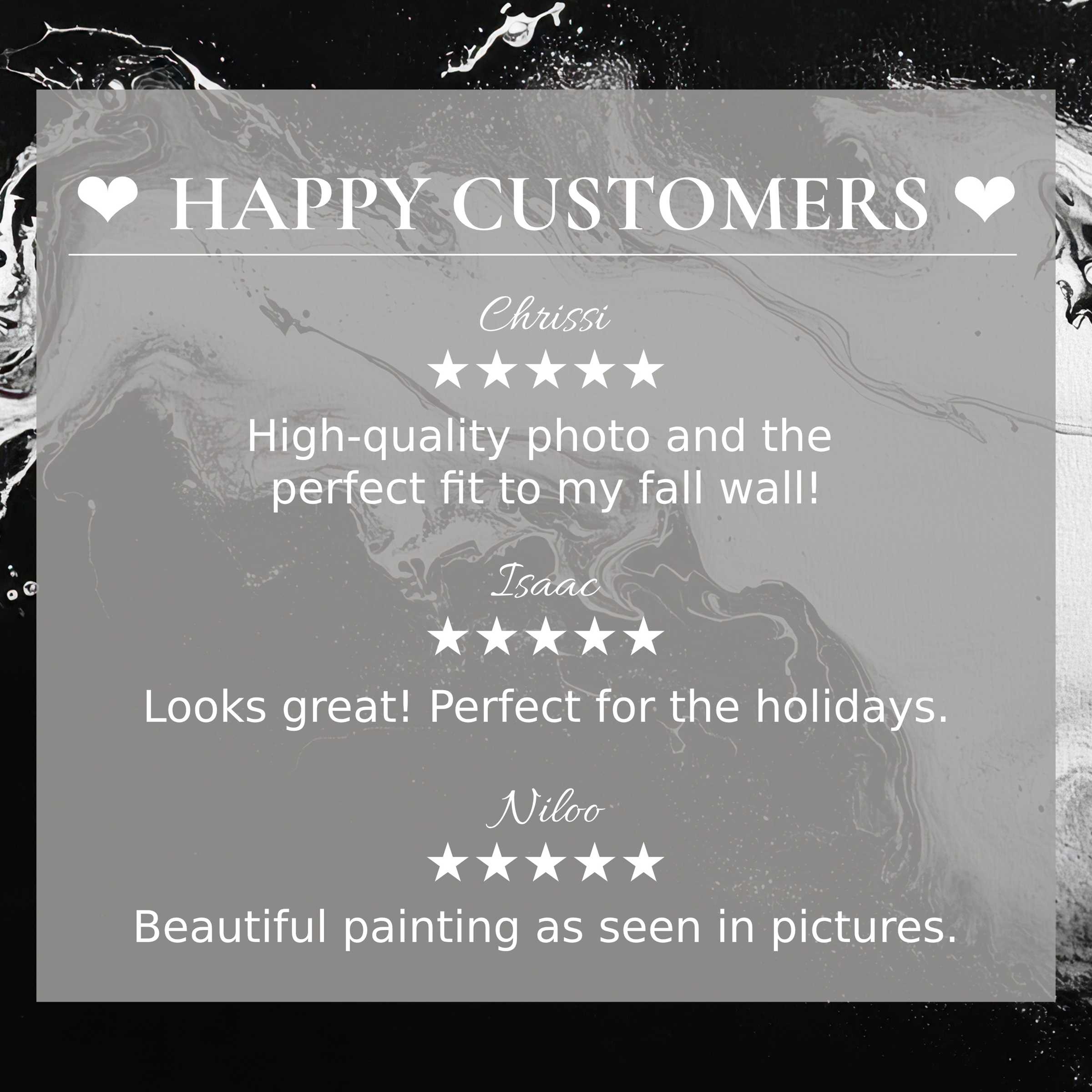Black and white art for Frame TV with marbled background, showcasing elegant design and happy customer reviews