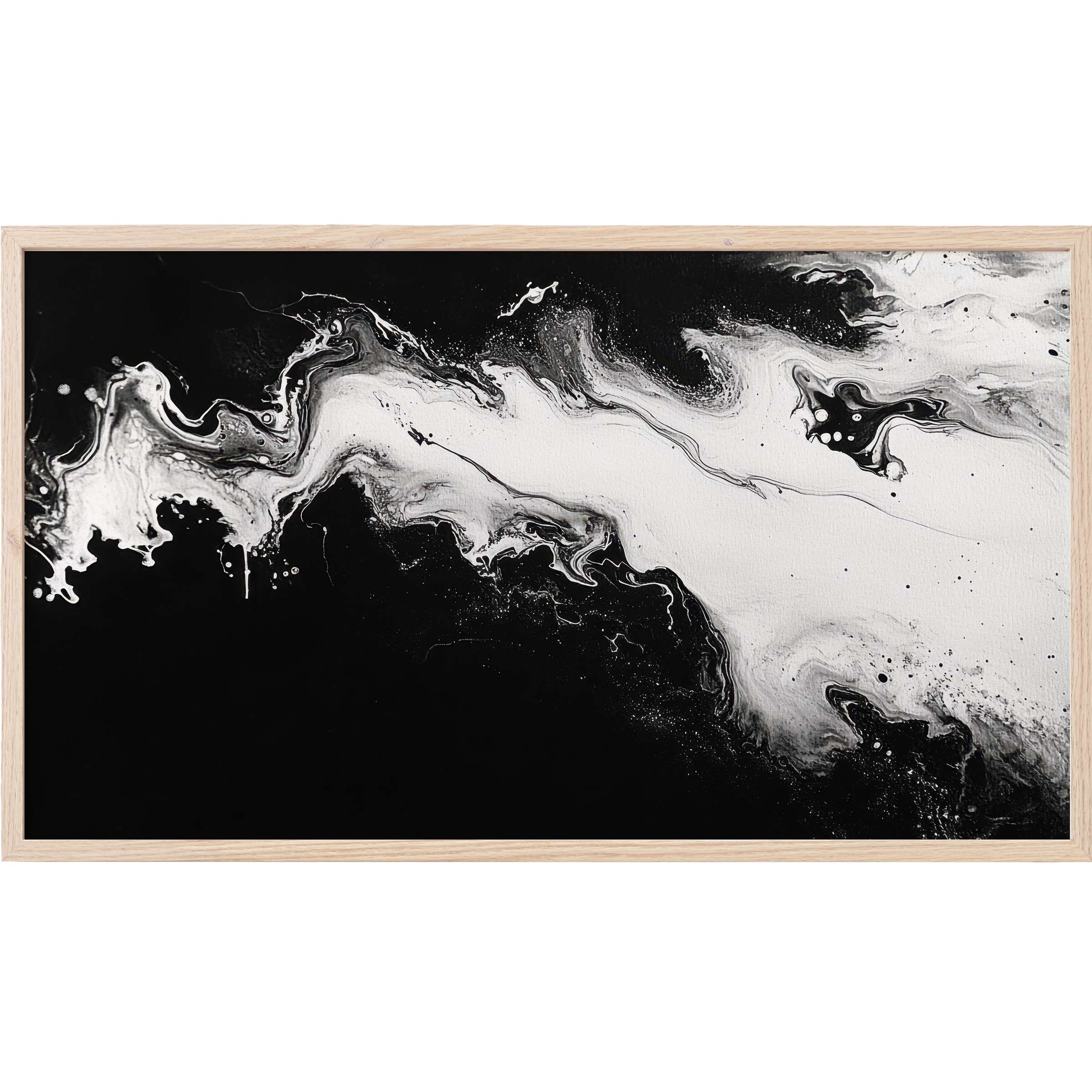Black and white Frame TV Art featuring fluid abstract swirls in monochrome, framed in light natural wood for modern elegance
