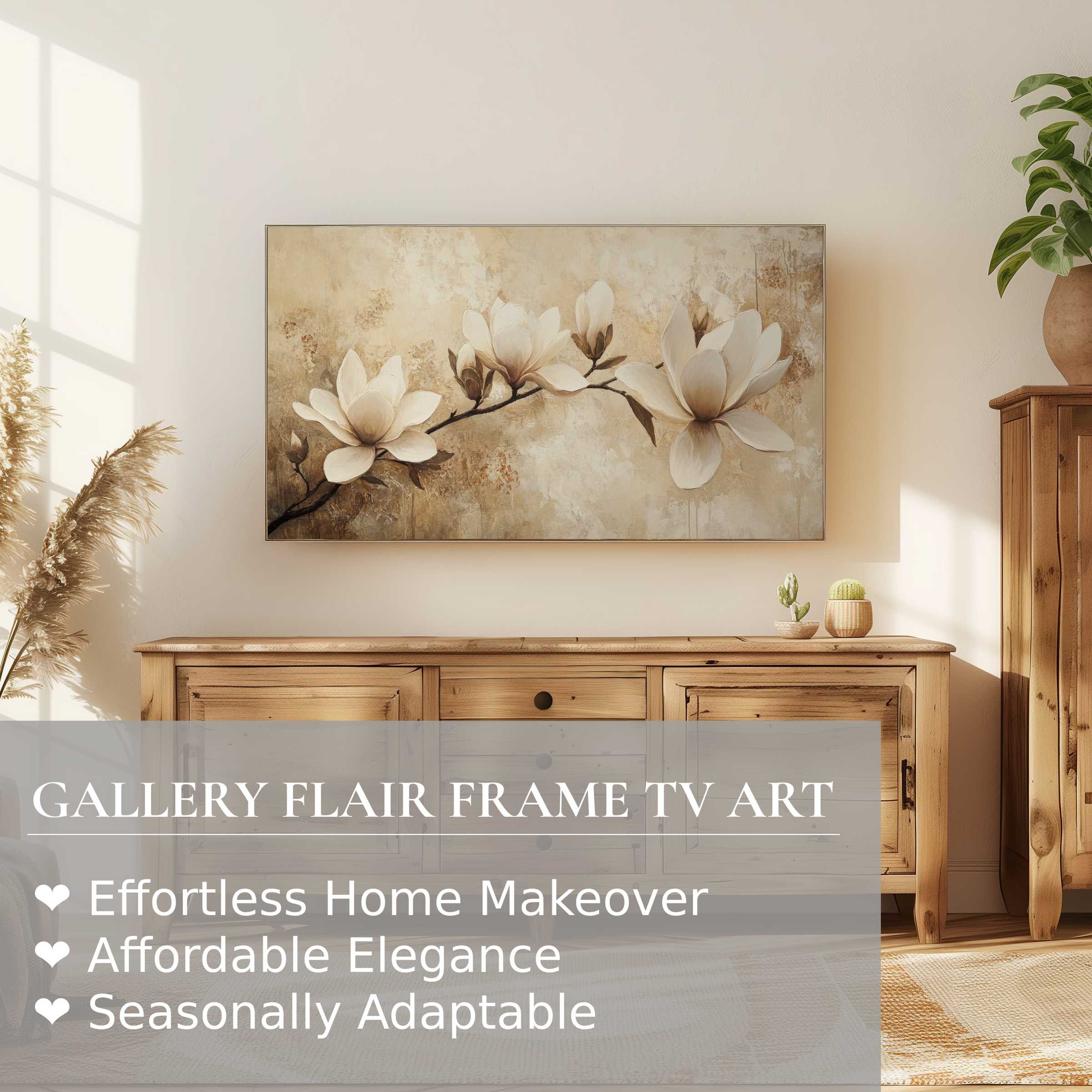 Samsung Frame TV displaying elegant tree digital artwork in a warm, minimalist living room with natural wood accents