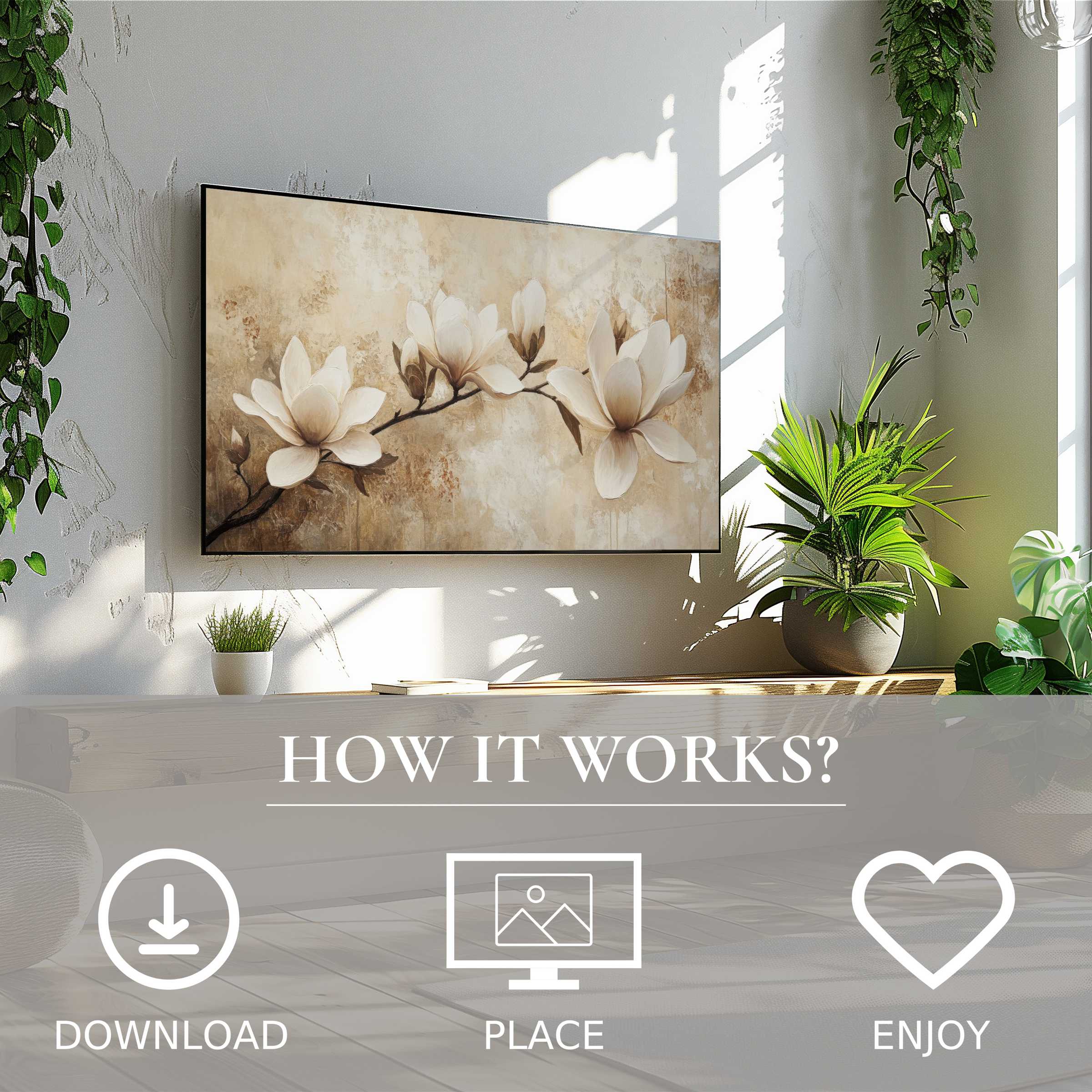 Bright modern room with easy digital download tree art for Samsung TV featuring soft neutral floral tones