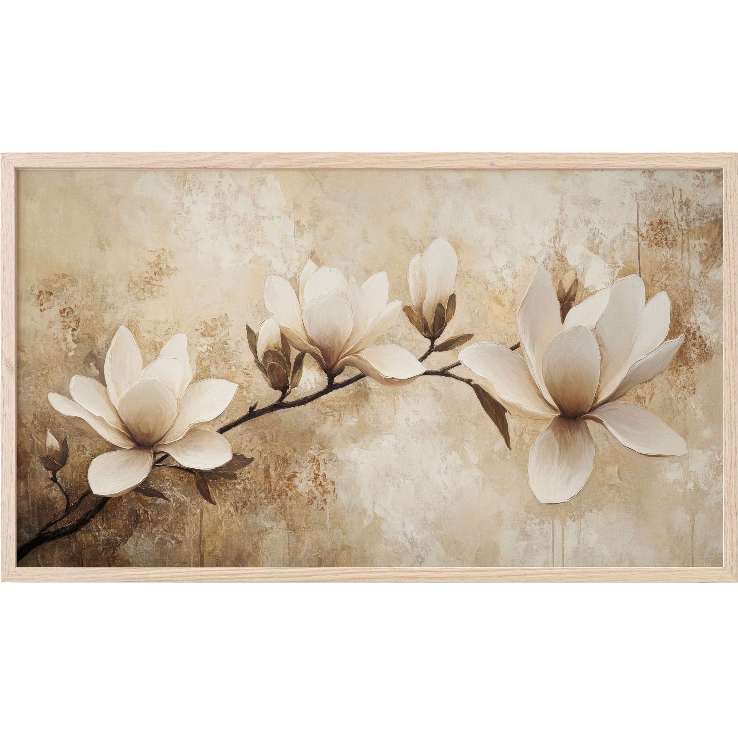 Elegant magnolia branch in soft creams and browns with textured background, perfect tree Frame TV Art for refined spaces