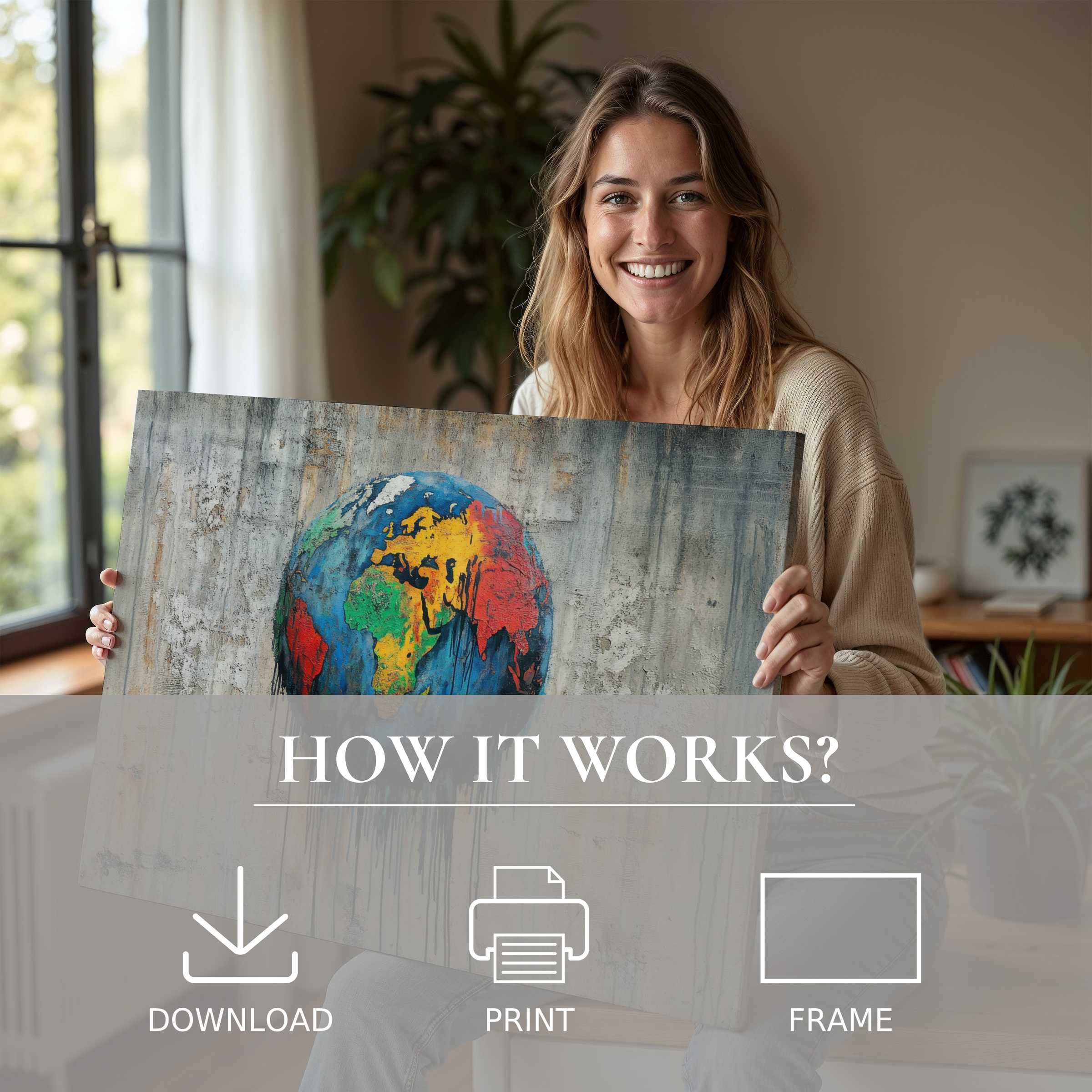 A serene moment of connection and joy as a woman embraces vibrant street art digital art print in a sleek, modern home