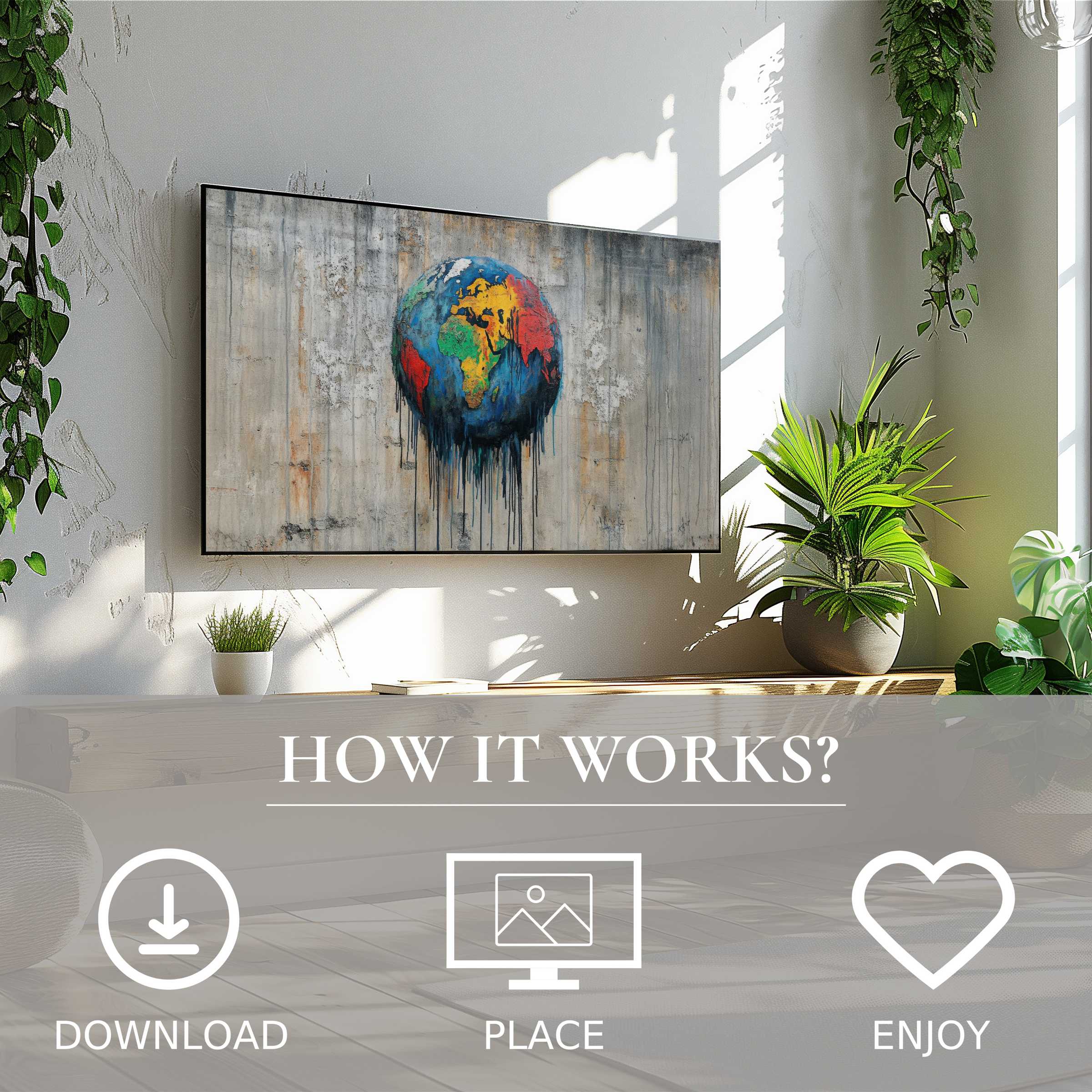 Street art for Samsung TV shows a colorful dripping globe, easy digital download enriches modern living spaces
