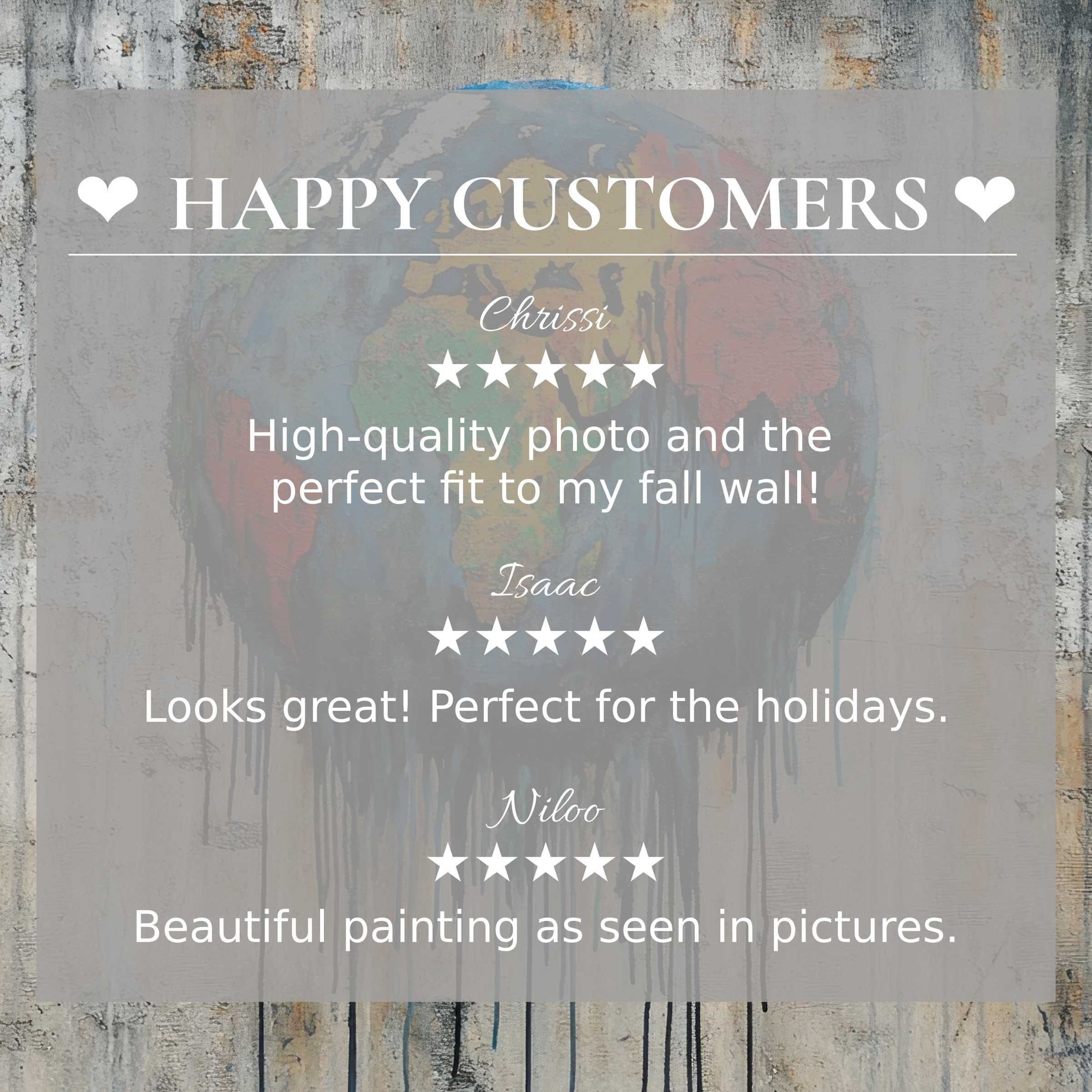 Street art for Frame TV with abstract sunset hues, showcasing positive reviews and a happy customer’s trust