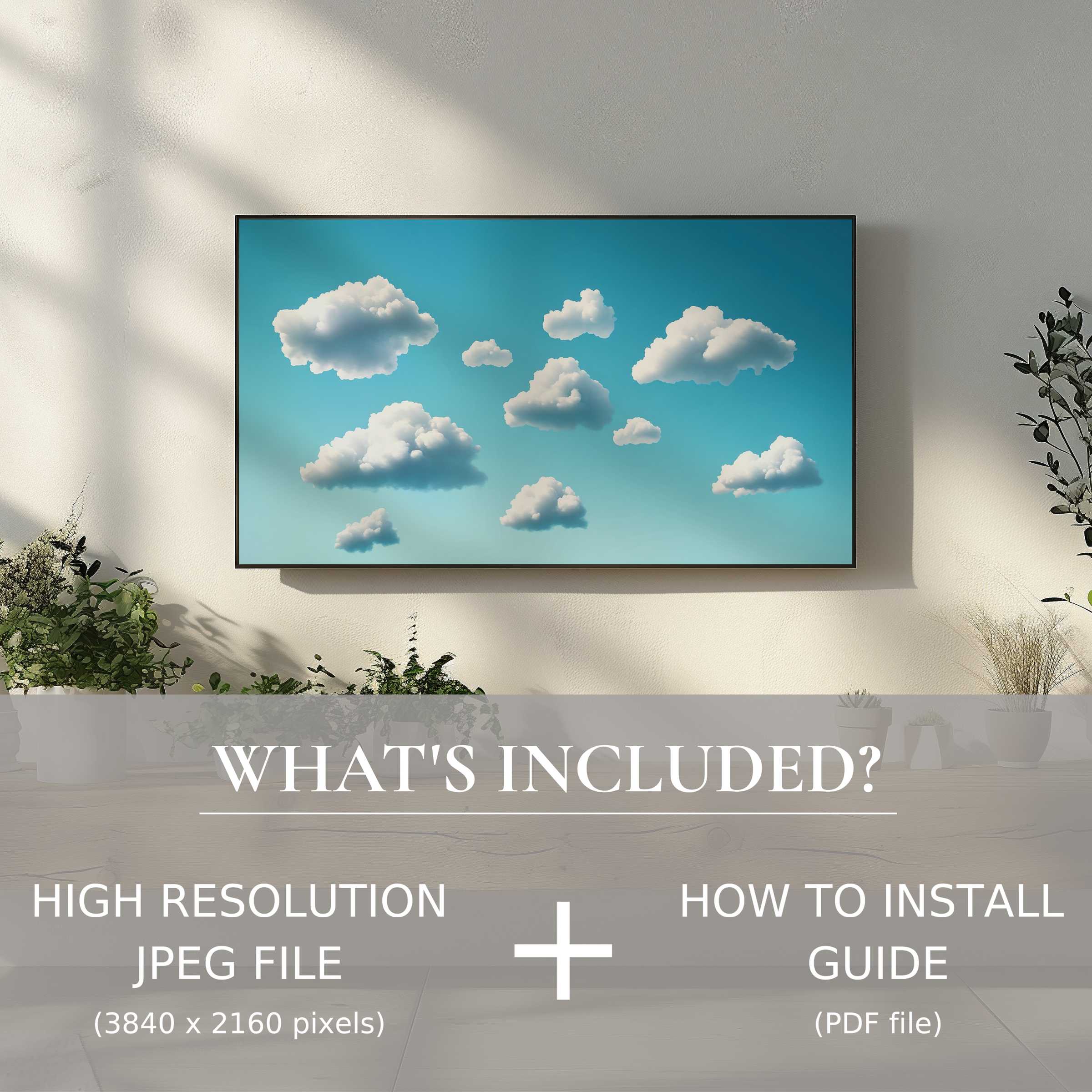 Minimalist digital TV art download of serene clouds enhances chic living spaces with easy high-res digital use and guide