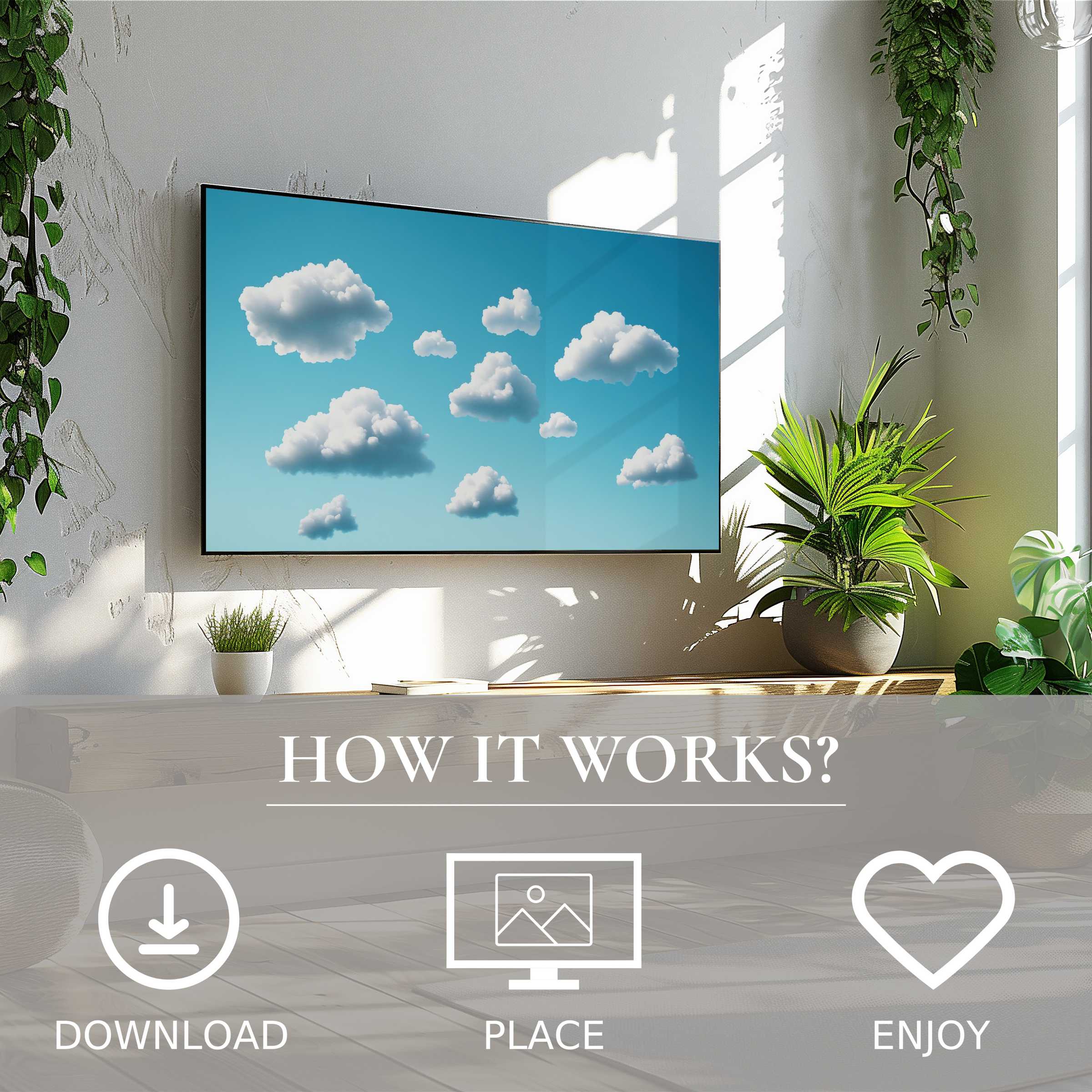 Minimalist art for Samsung TV with soft cloud motif, easy digital download enriching modern living spaces with calm vibes