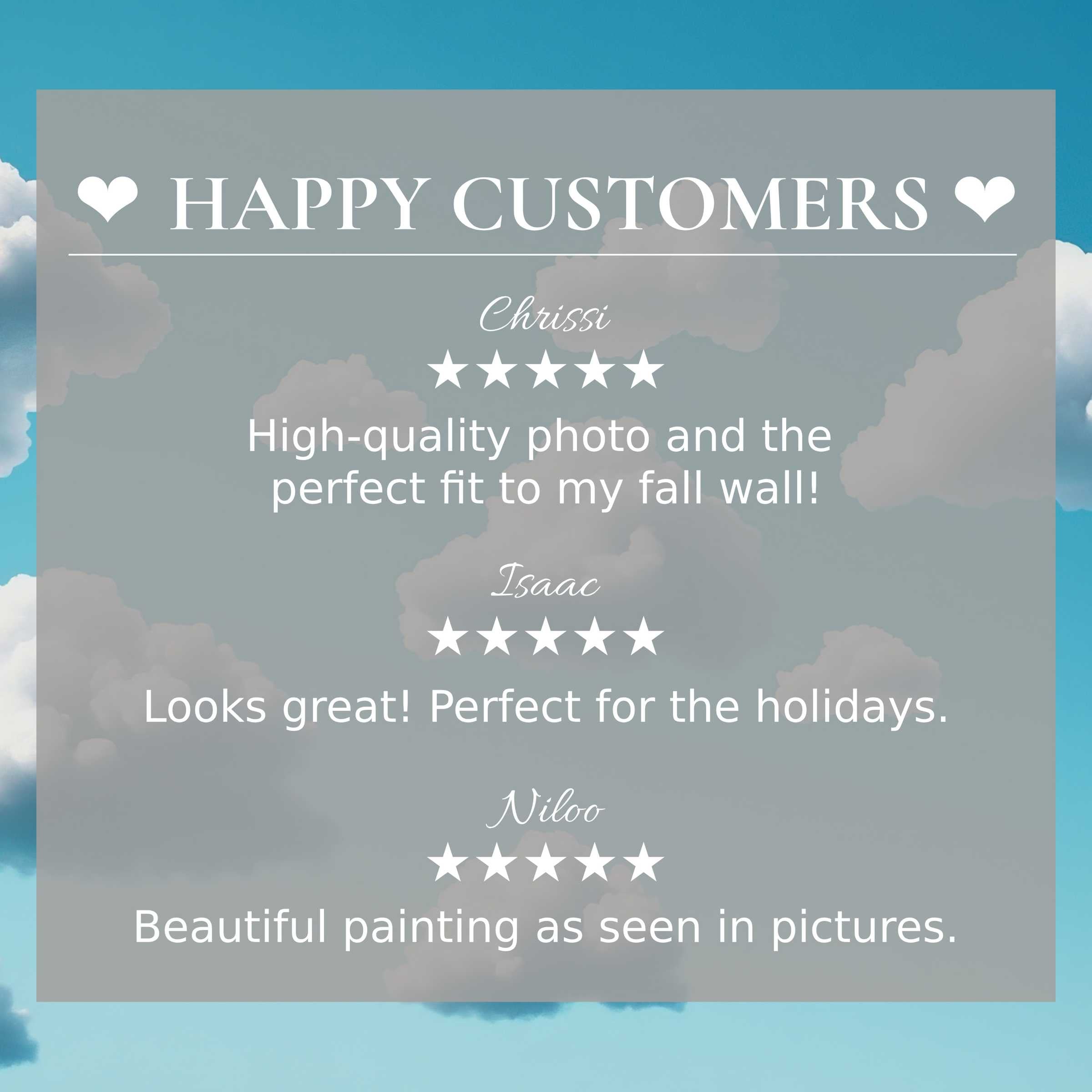 Minimalist art for Frame TV with soft cloudscape background, showcasing happy customer reviews and refined, elegant trust