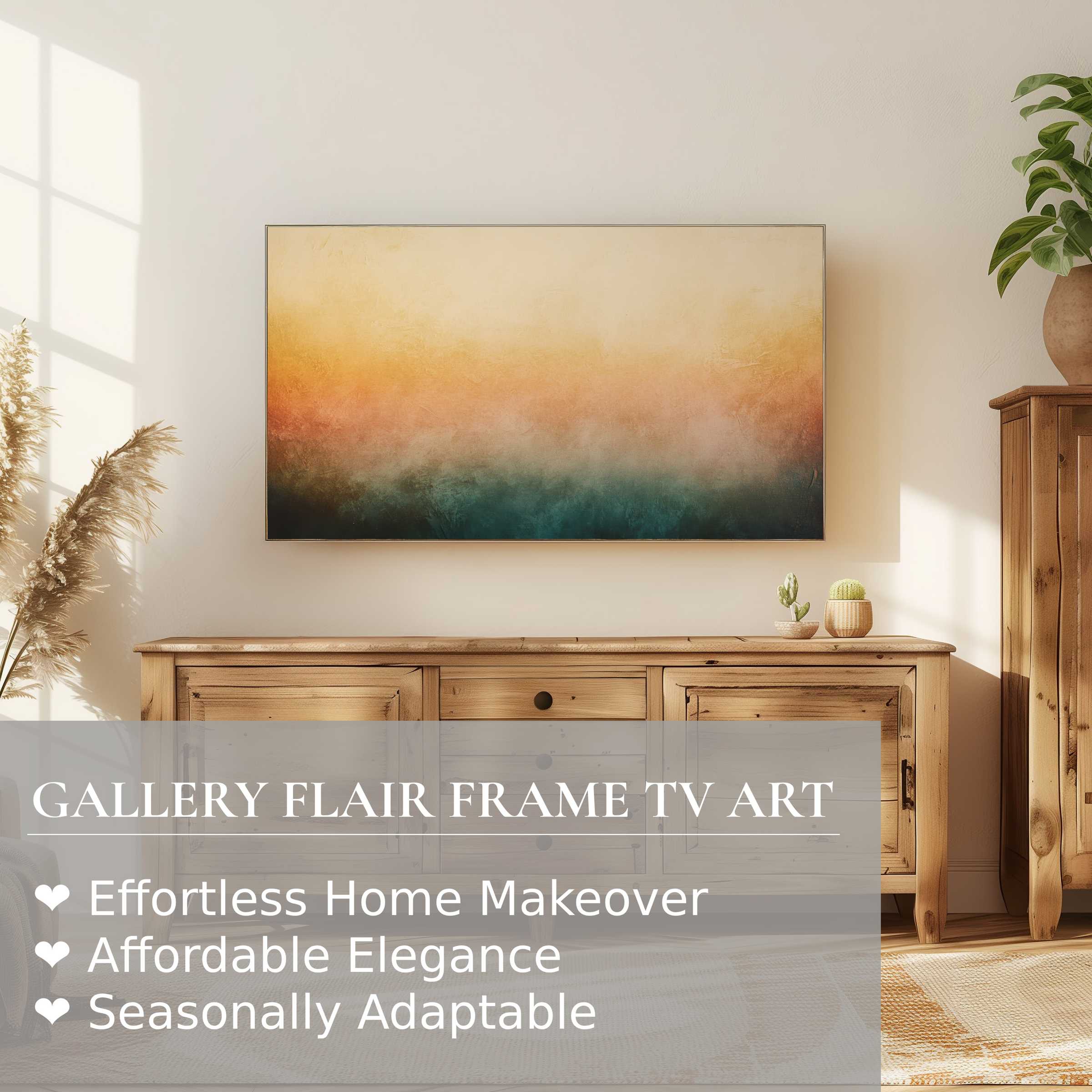 Samsung Frame TV displaying modern digital artwork in warm hues, enhancing a cozy, elegant living room setting