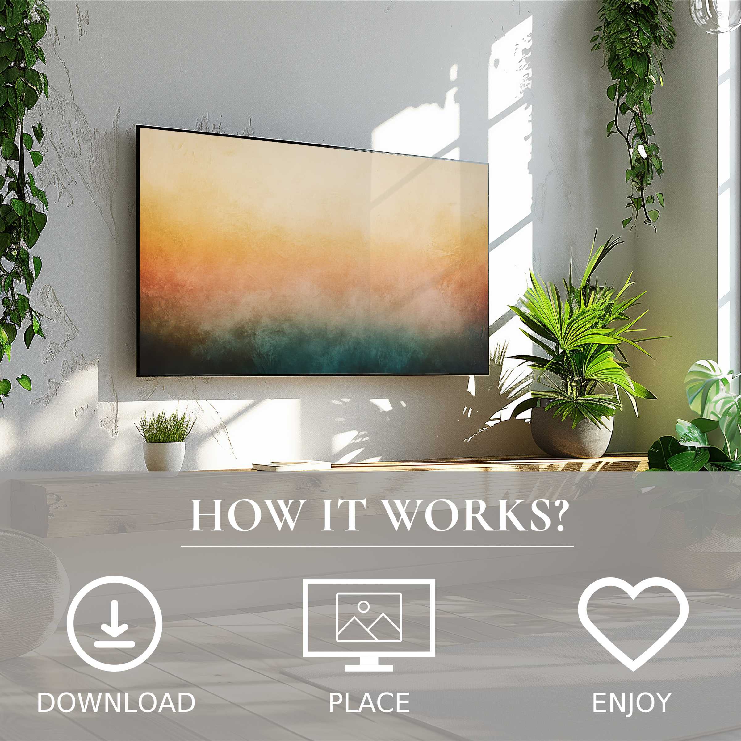 Modern art for Samsung TV in a bright living room with easy digital download; soft sunset tones enrich the space