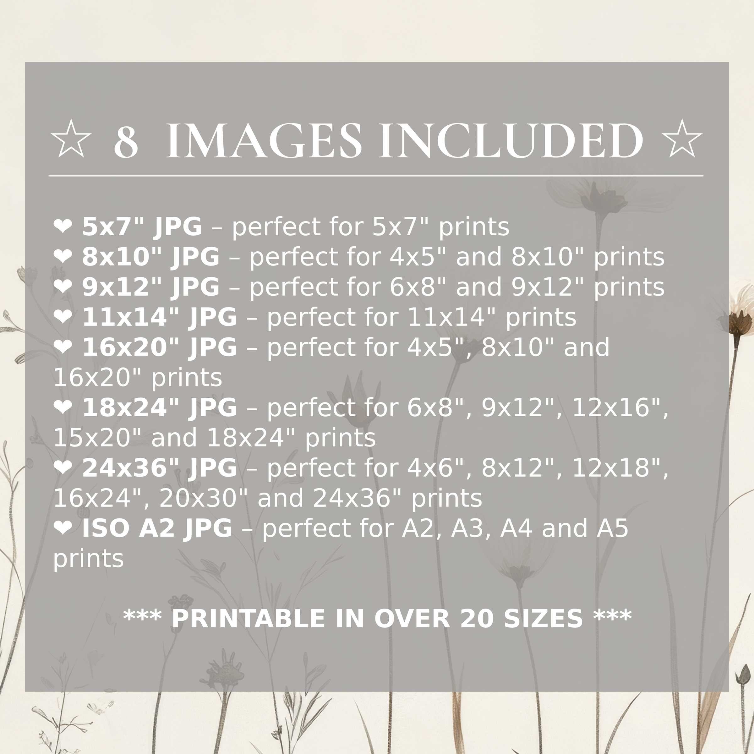 Floral digital print in soft neutrals and muted tones, radiating calming elegance; includes 8 high-res sizes for versatile modern decor
